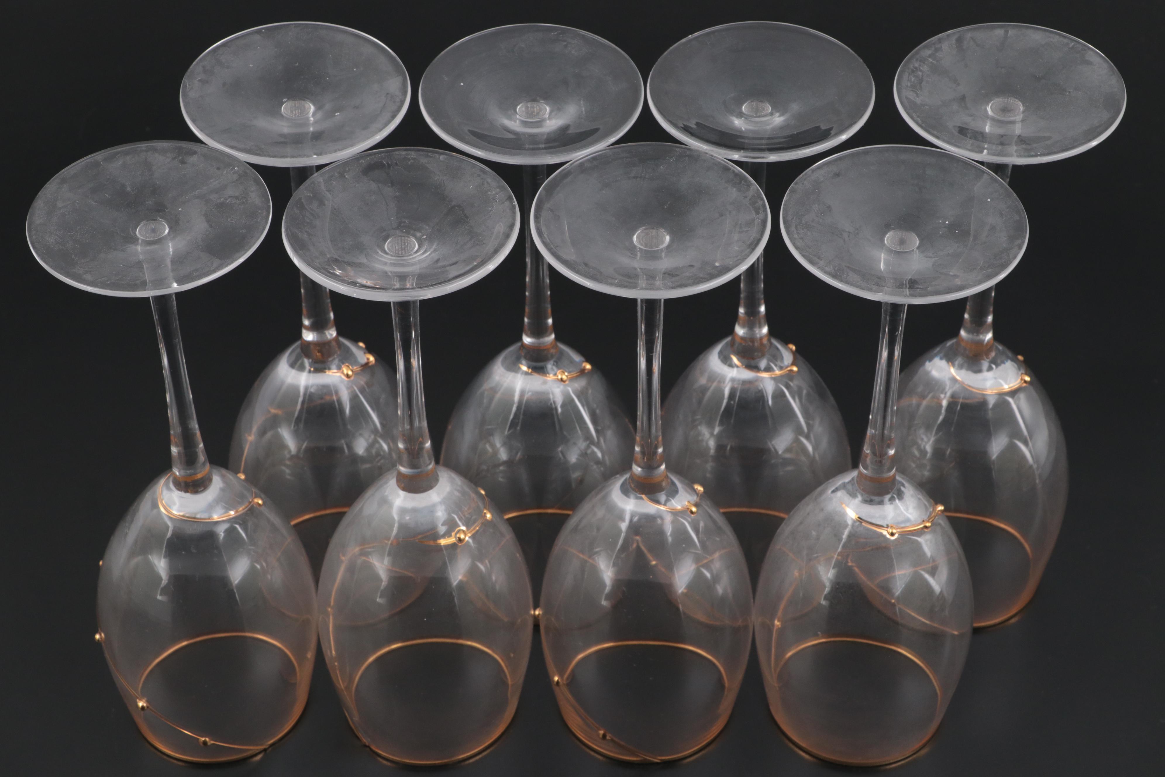 Gilt Rimmed Glass Dessert Bowls and Wine Glasses, Late 20th Century