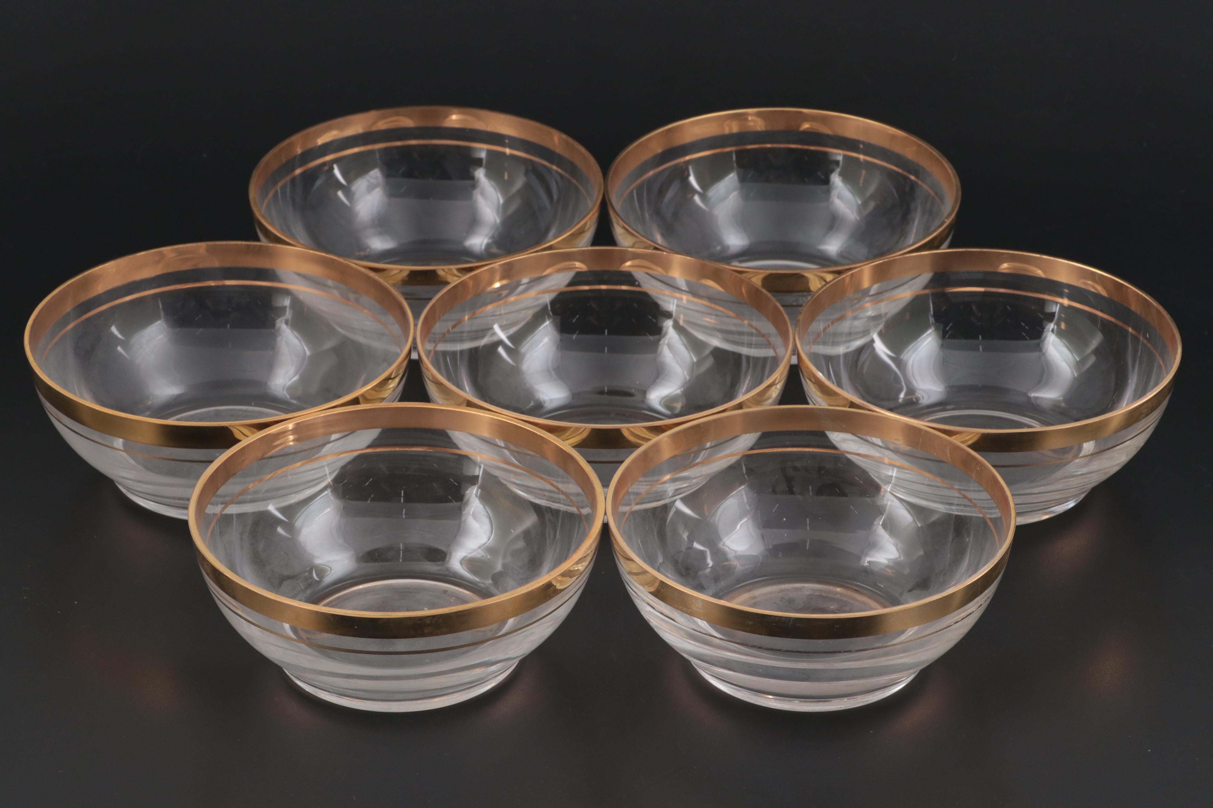 Gilt Rimmed Glass Dessert Bowls and Wine Glasses, Late 20th Century