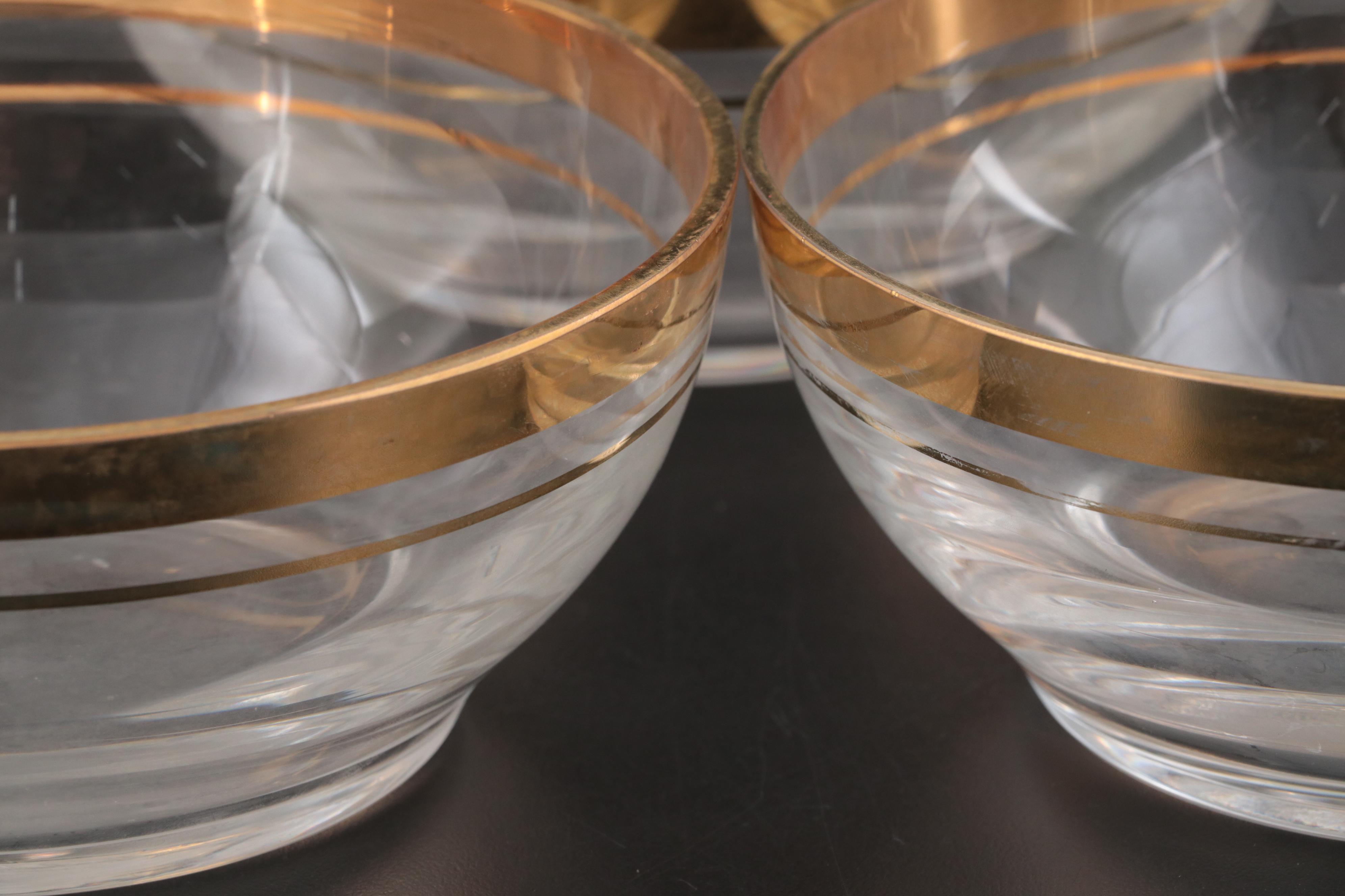 Gilt Rimmed Glass Dessert Bowls and Wine Glasses, Late 20th Century