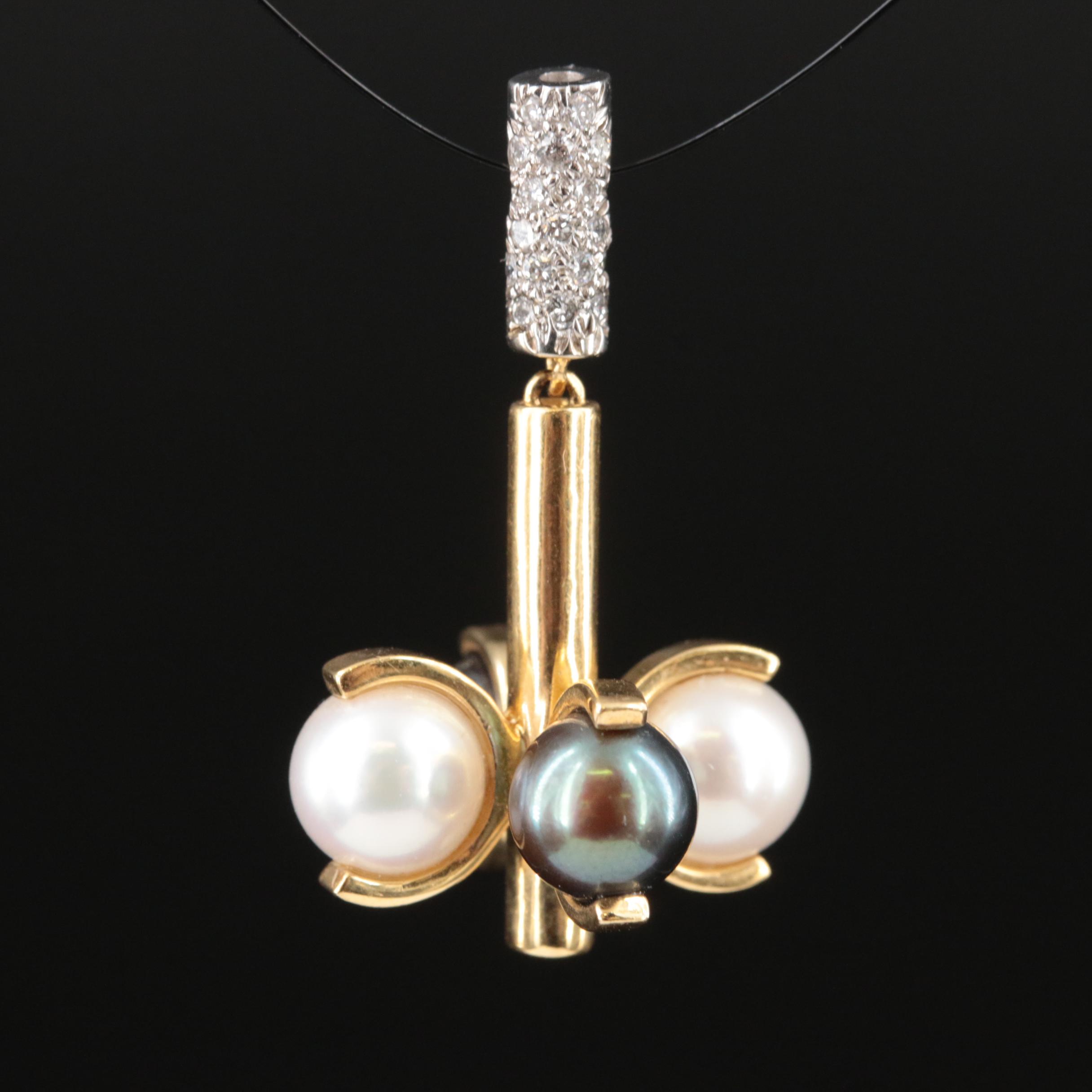Mid-Century Modern 18K Pearl and Diamond Pendant