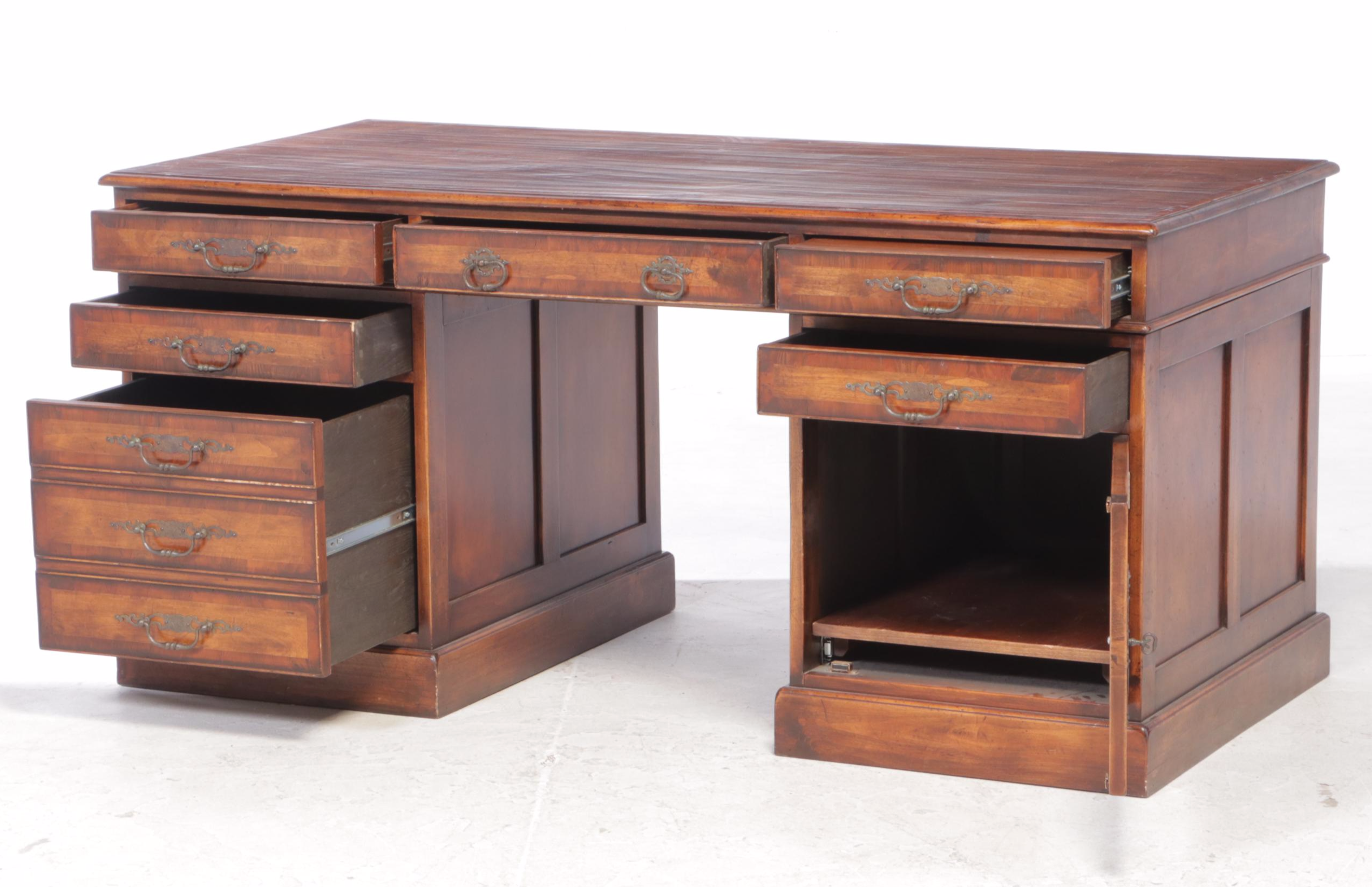 French Provincial Style Fruitwood-Stained and Crossbanded Double-Pedestal Desk