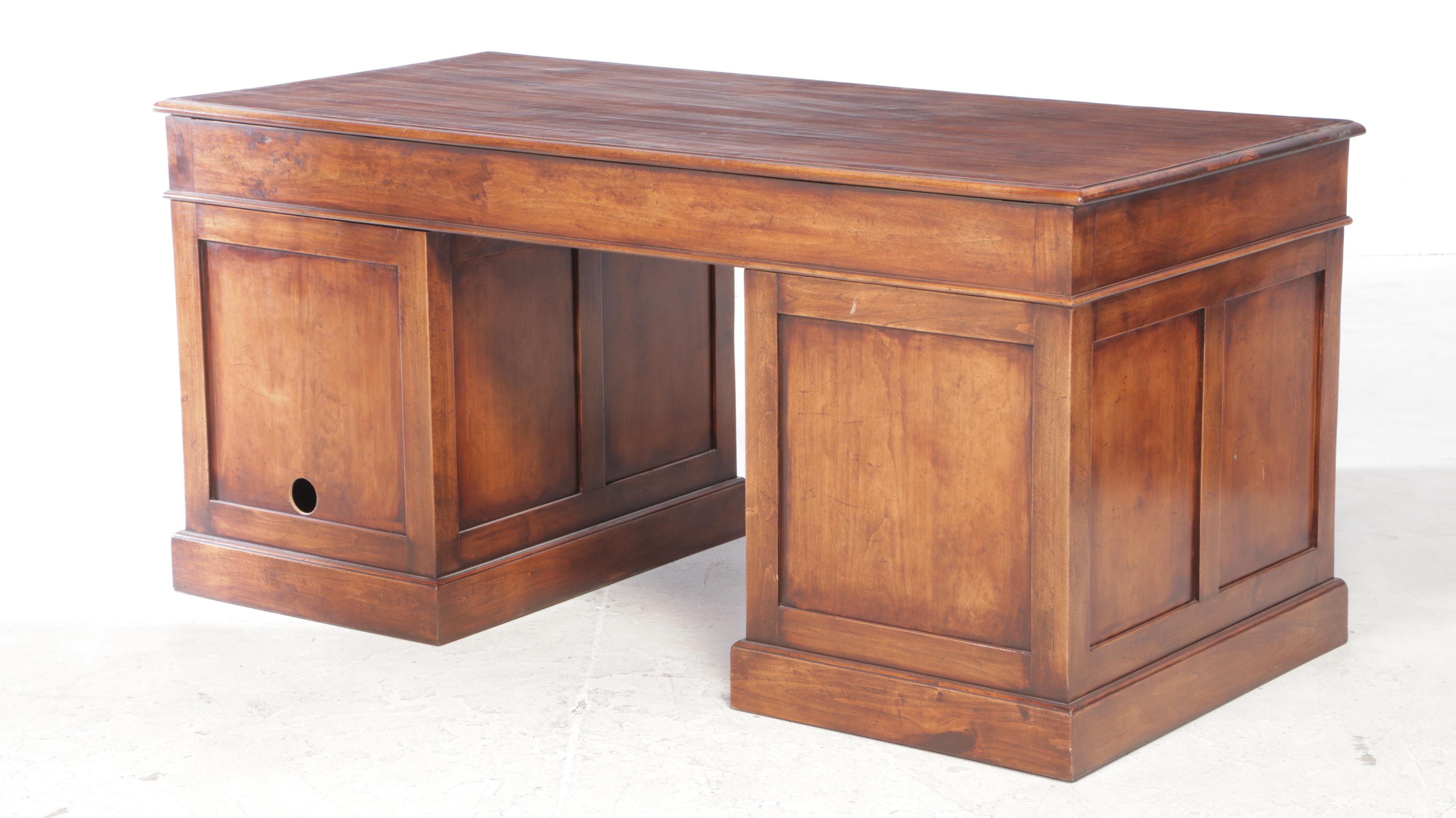 French Provincial Style Fruitwood-Stained and Crossbanded Double-Pedestal Desk