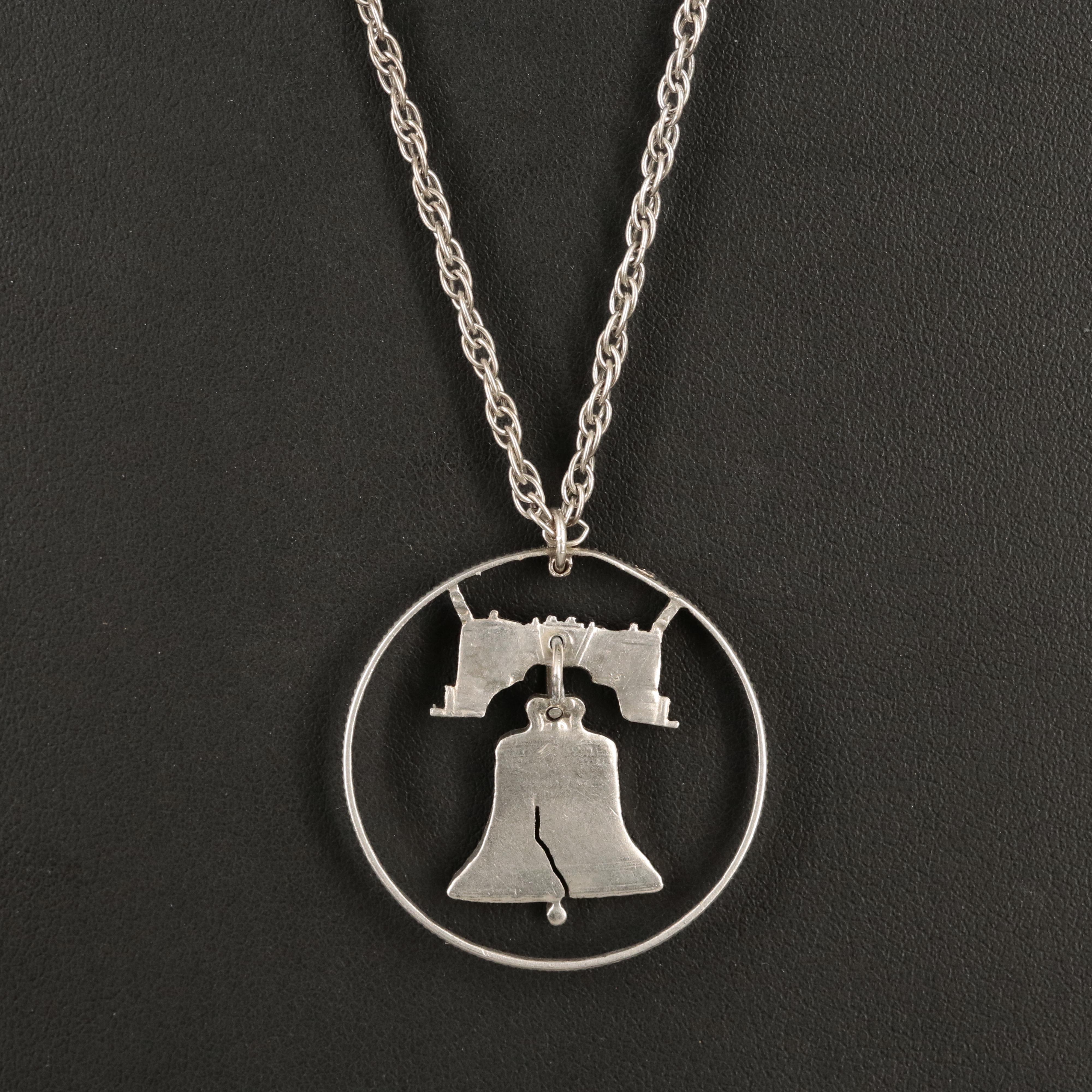 Sterling Liberty Bell Cut Out Coin Pendant Necklace