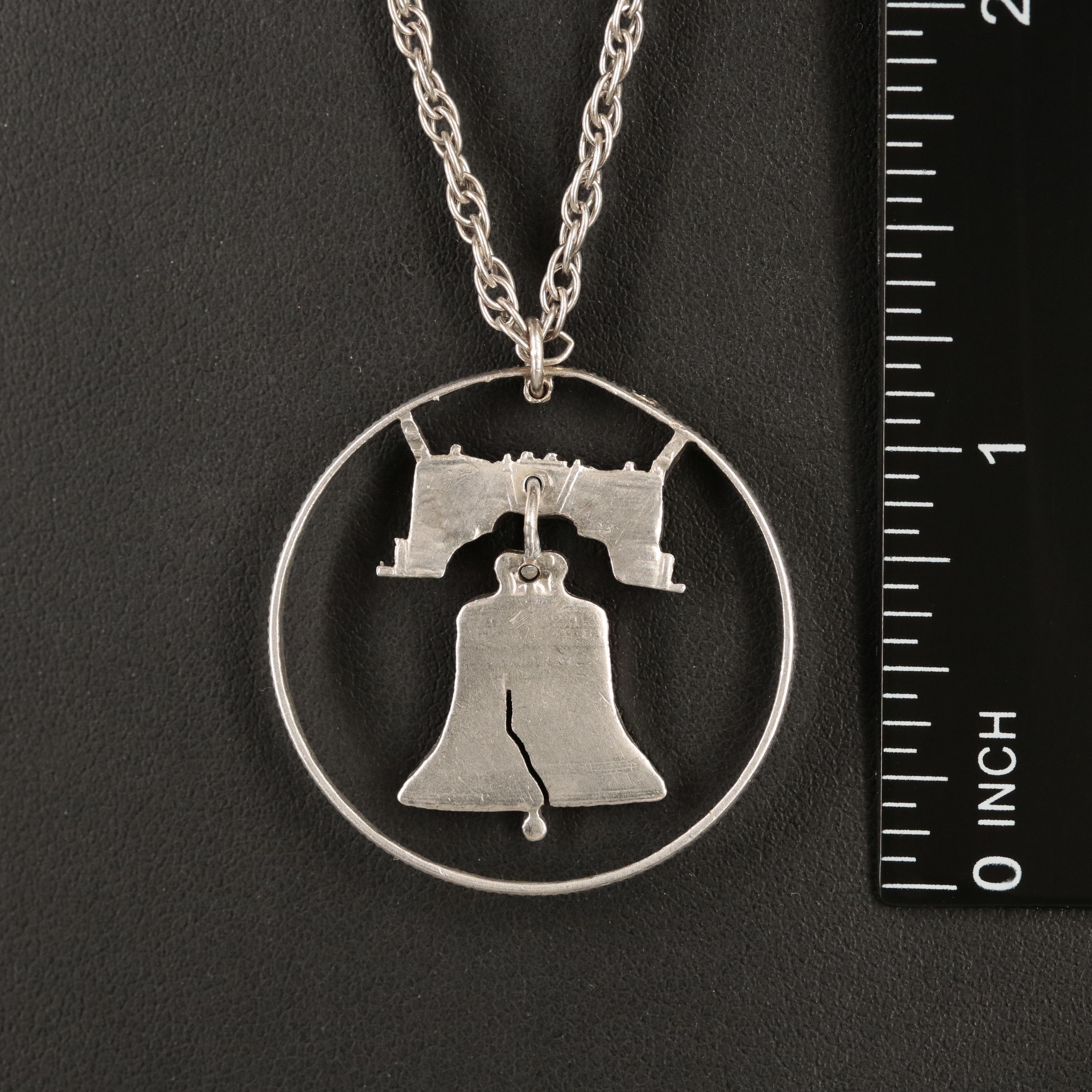 Sterling Liberty Bell Cut Out Coin Pendant Necklace