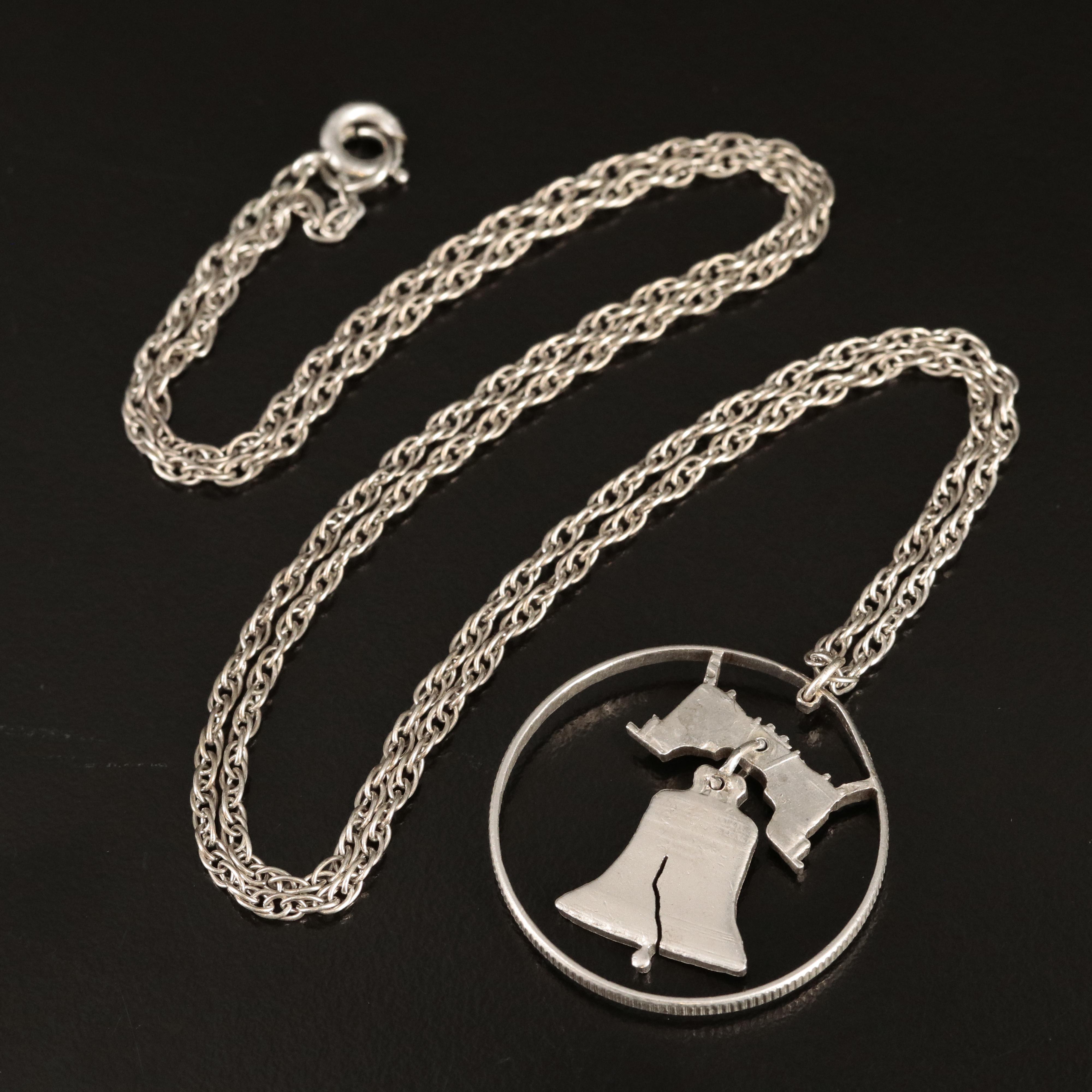 Sterling Liberty Bell Cut Out Coin Pendant Necklace
