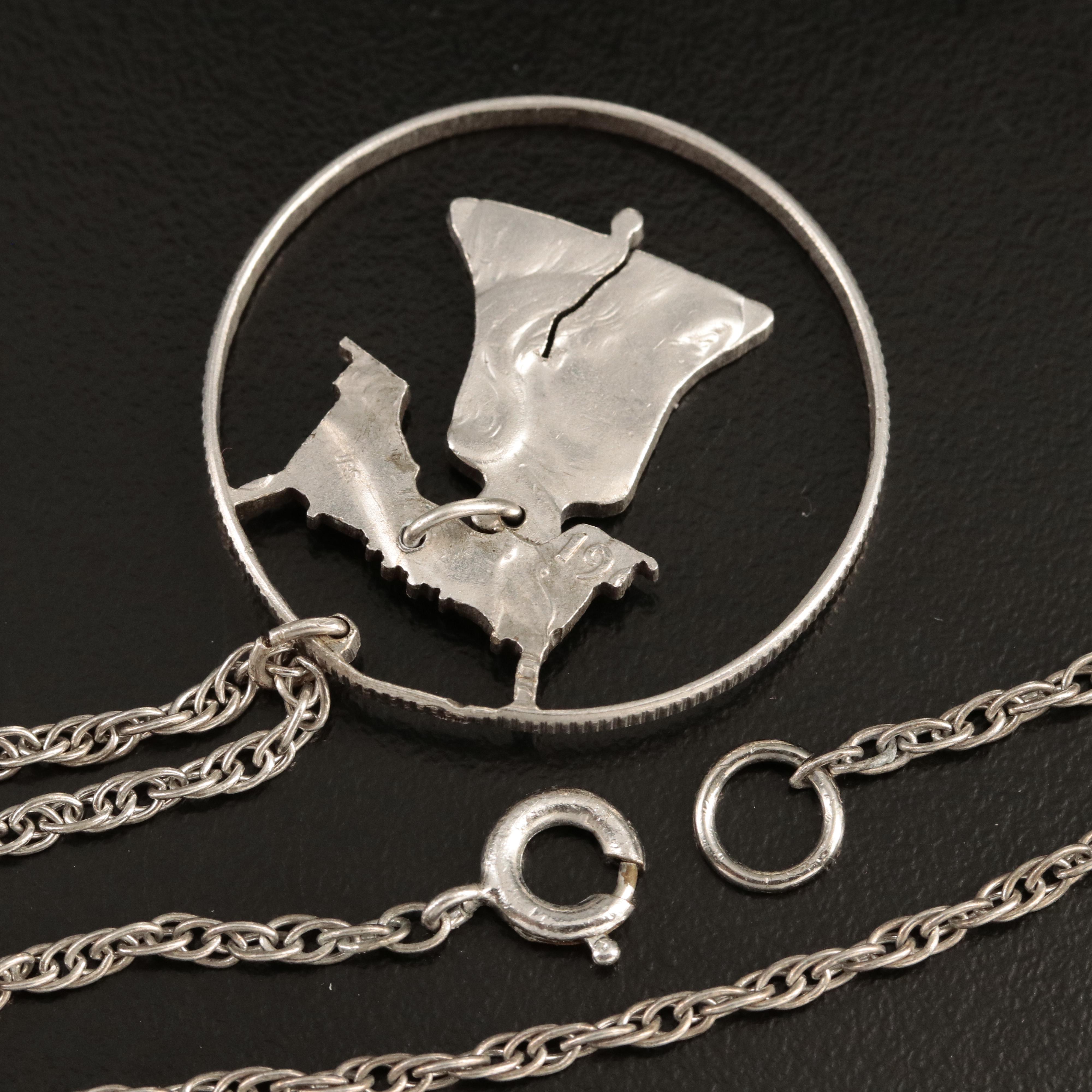 Sterling Liberty Bell Cut Out Coin Pendant Necklace