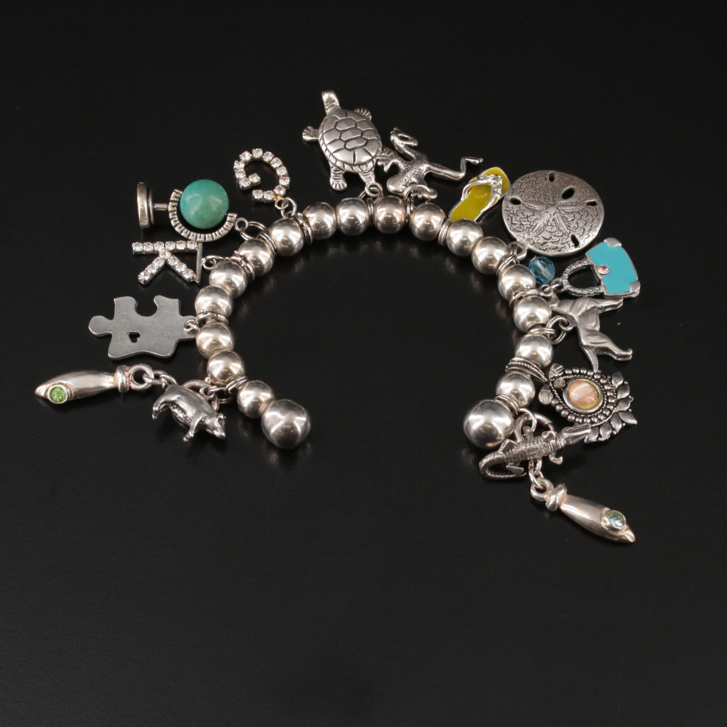 Sterling Charm Cuff Including Turquoise, Rhinestone and Enamel