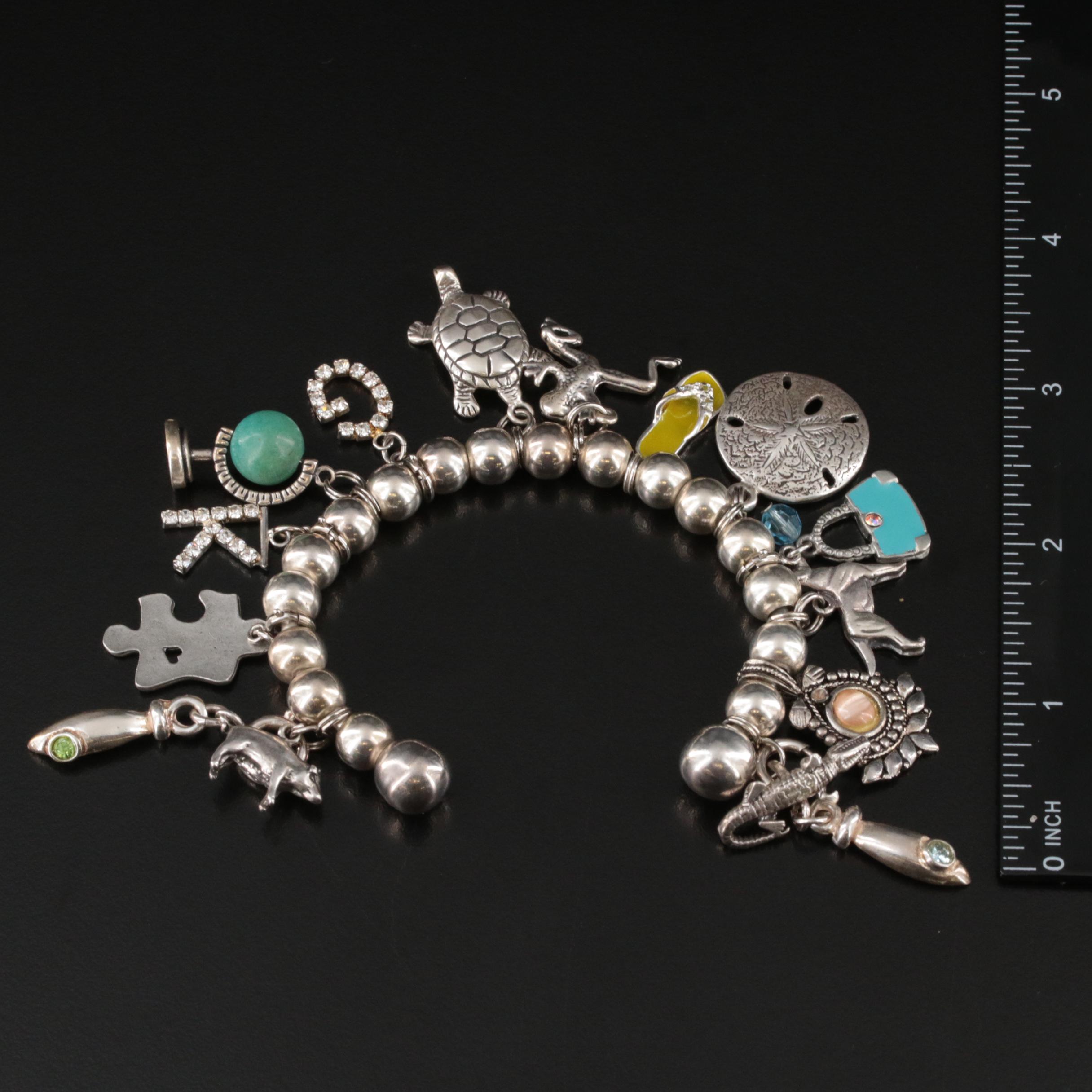 Sterling Charm Cuff Including Turquoise, Rhinestone and Enamel