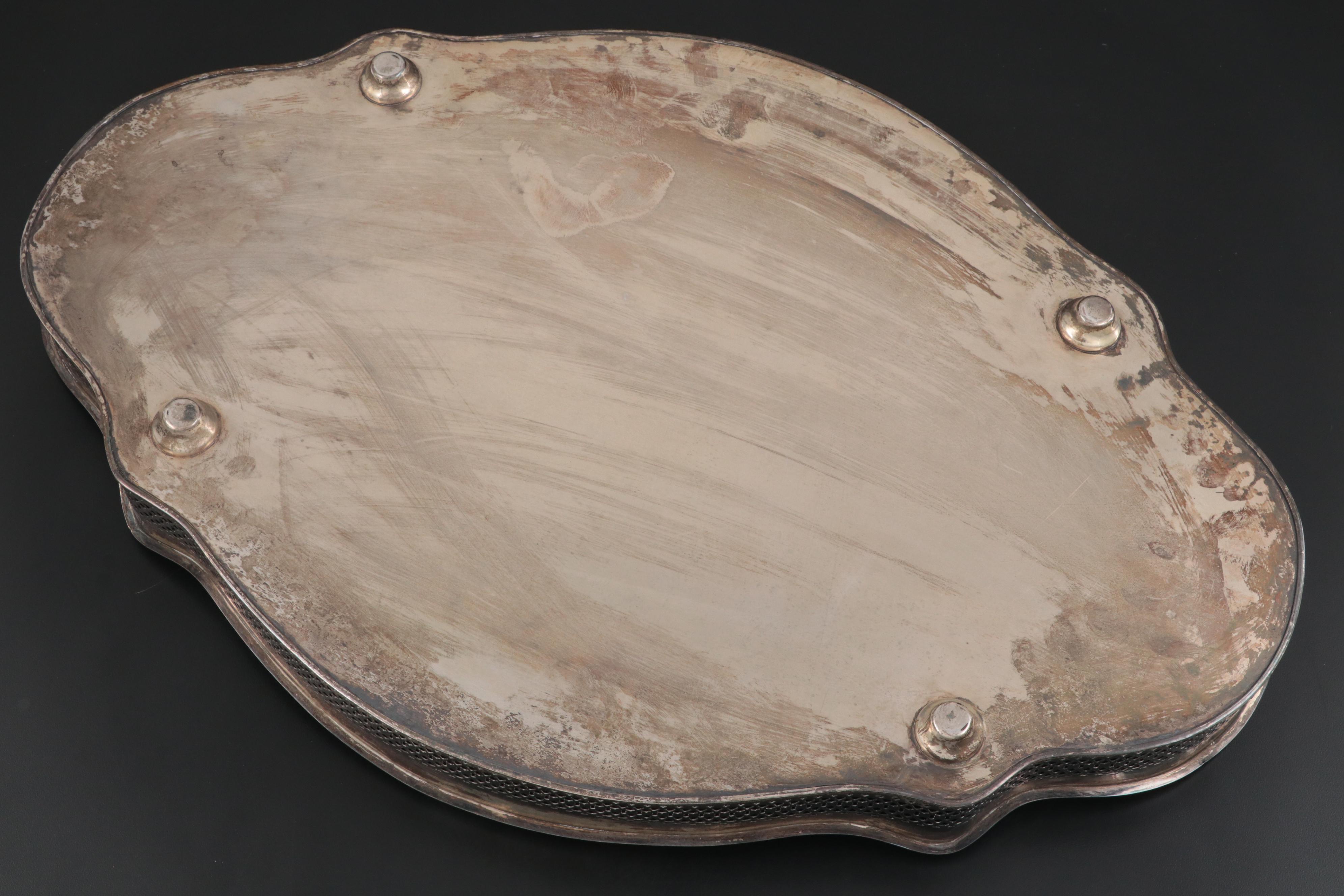 Sheffield Silver Plated Serpentine Gallery Trays with Pressed Crystal Dish