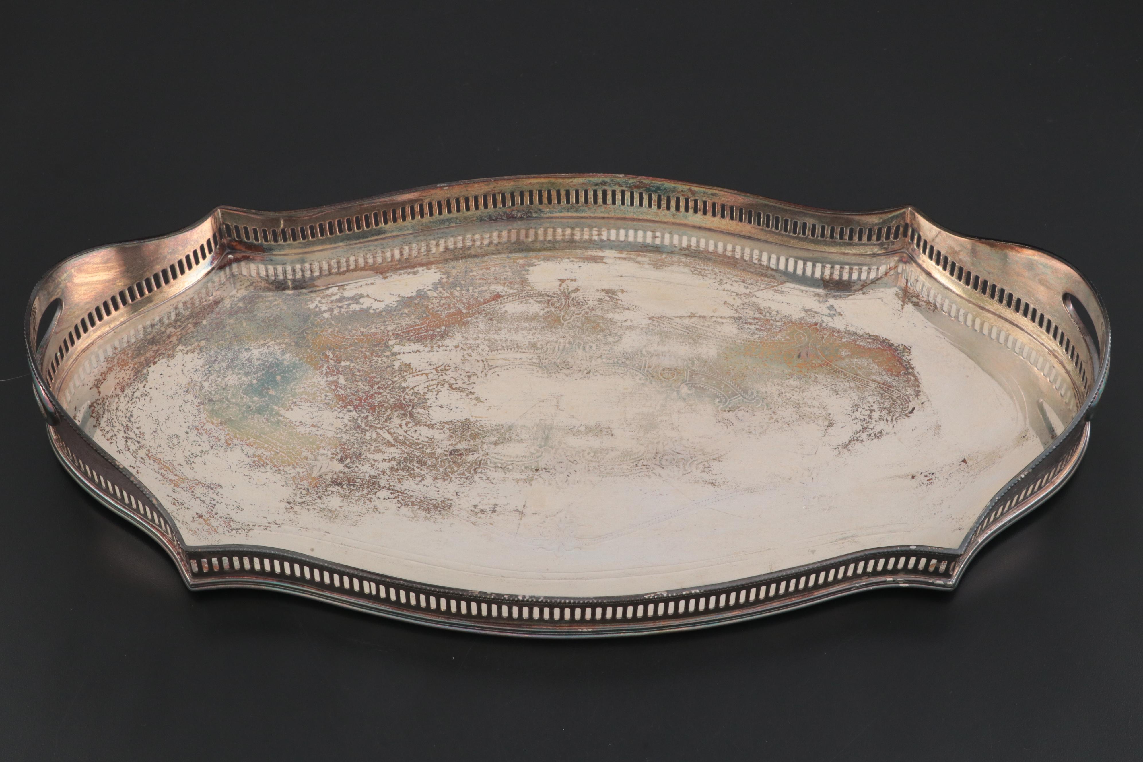 Sheffield Silver Plated Serpentine Gallery Trays with Pressed Crystal Dish