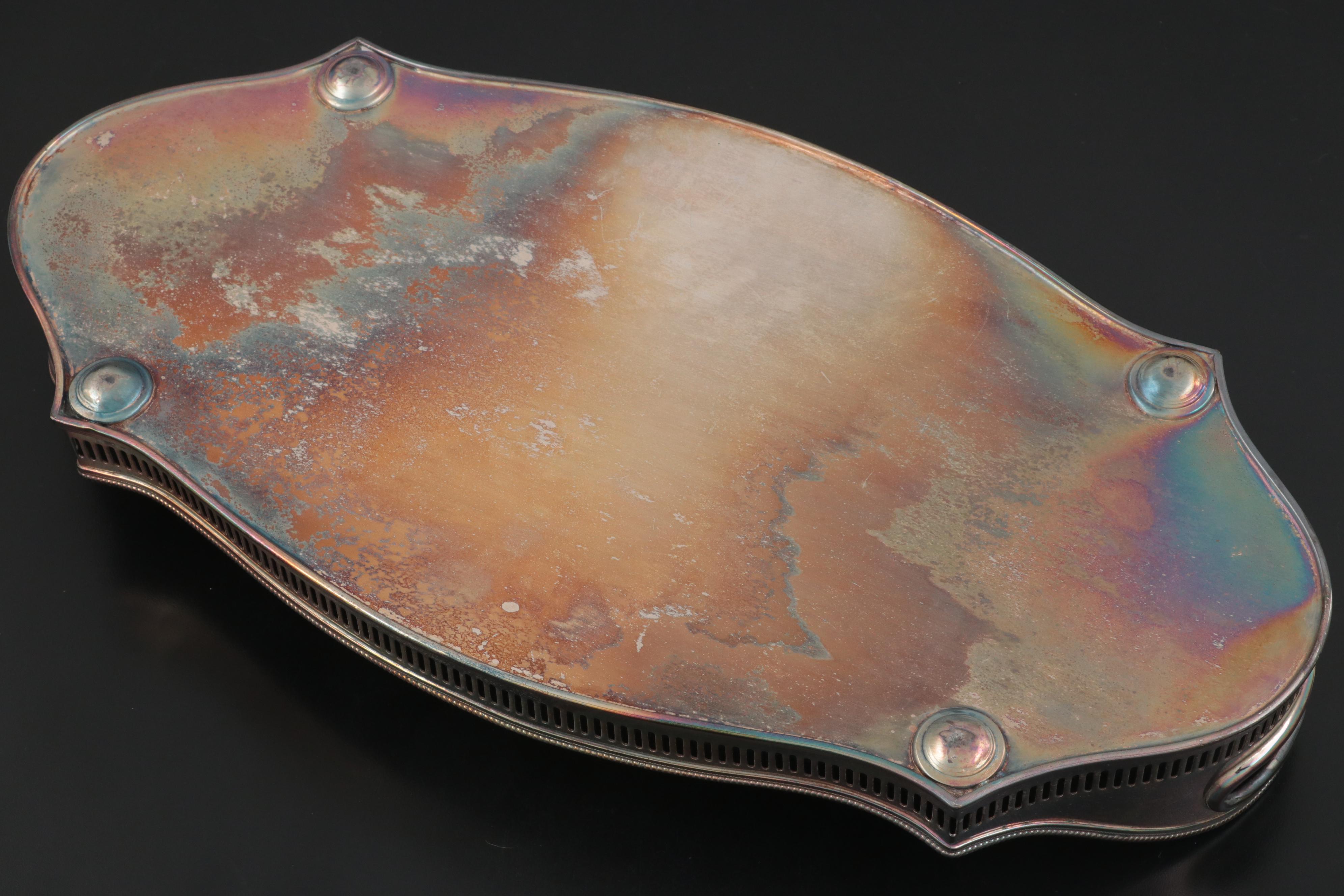 Sheffield Silver Plated Serpentine Gallery Trays with Pressed Crystal Dish
