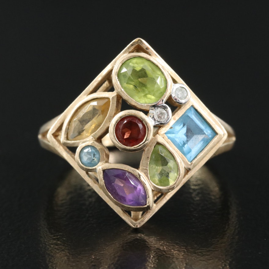 10K Peridot, Amethyst, Topaz, Garnet, Citrine and Diamond Ring