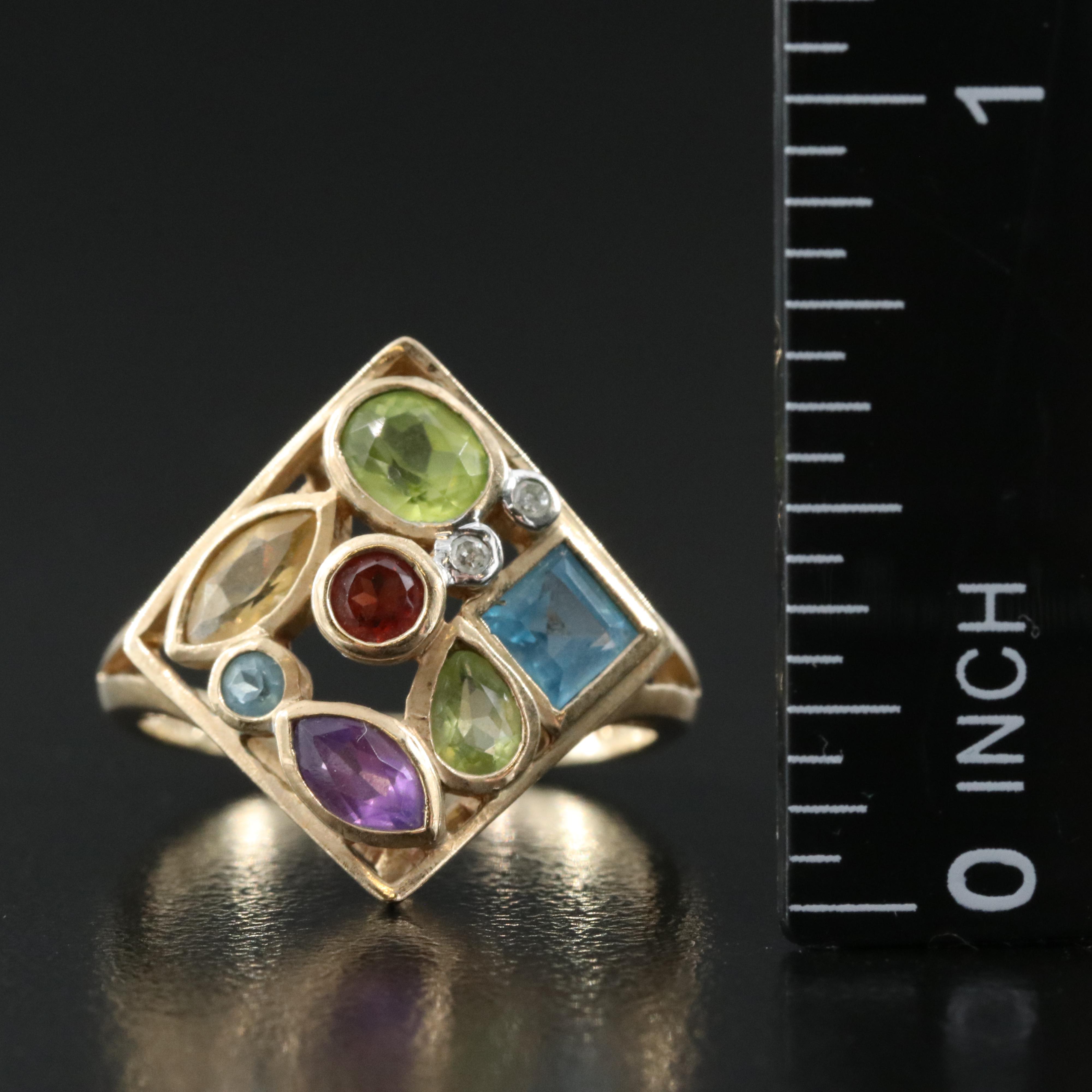 10K Peridot, Amethyst, Topaz, Garnet, Citrine and Diamond Ring
