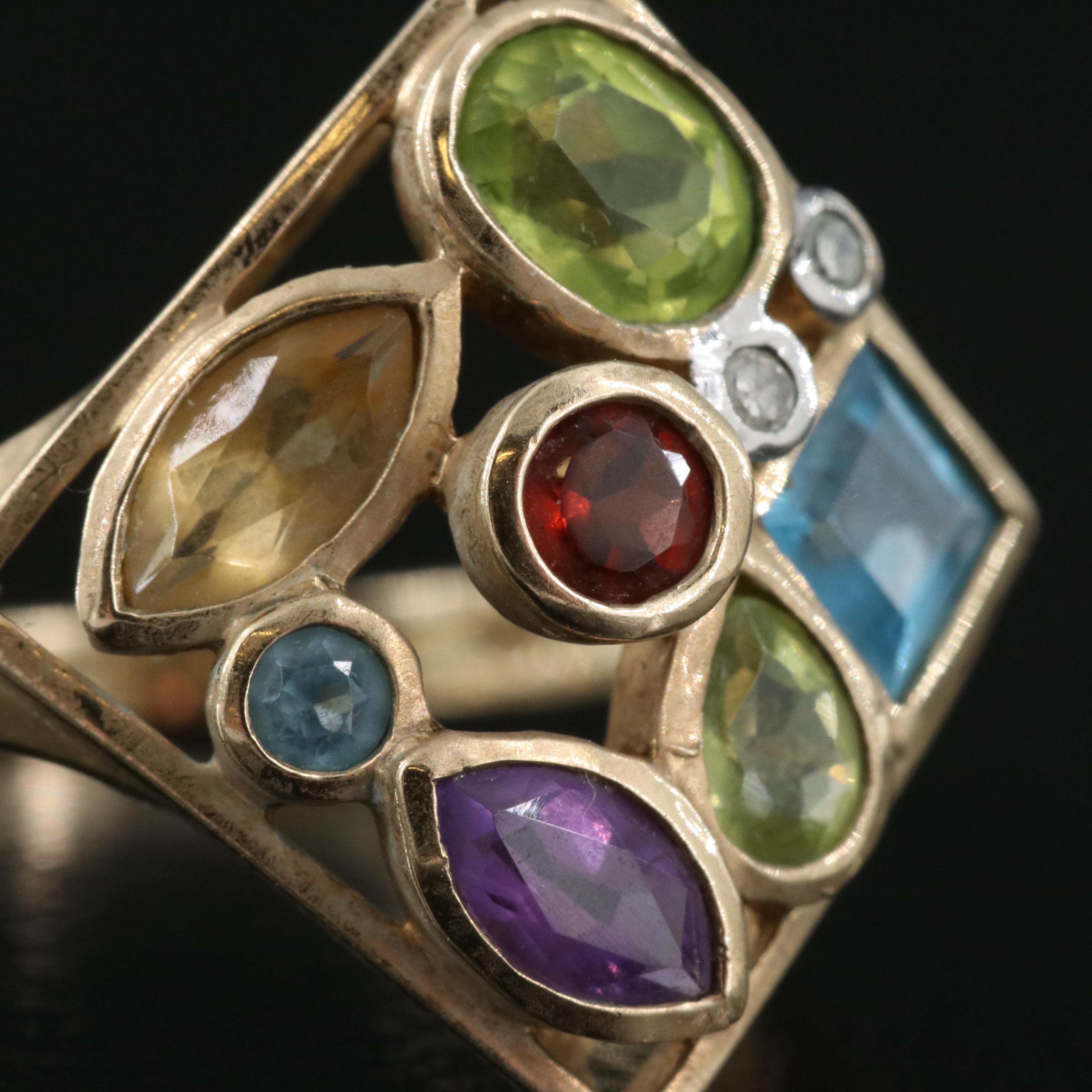 10K Peridot, Amethyst, Topaz, Garnet, Citrine and Diamond Ring