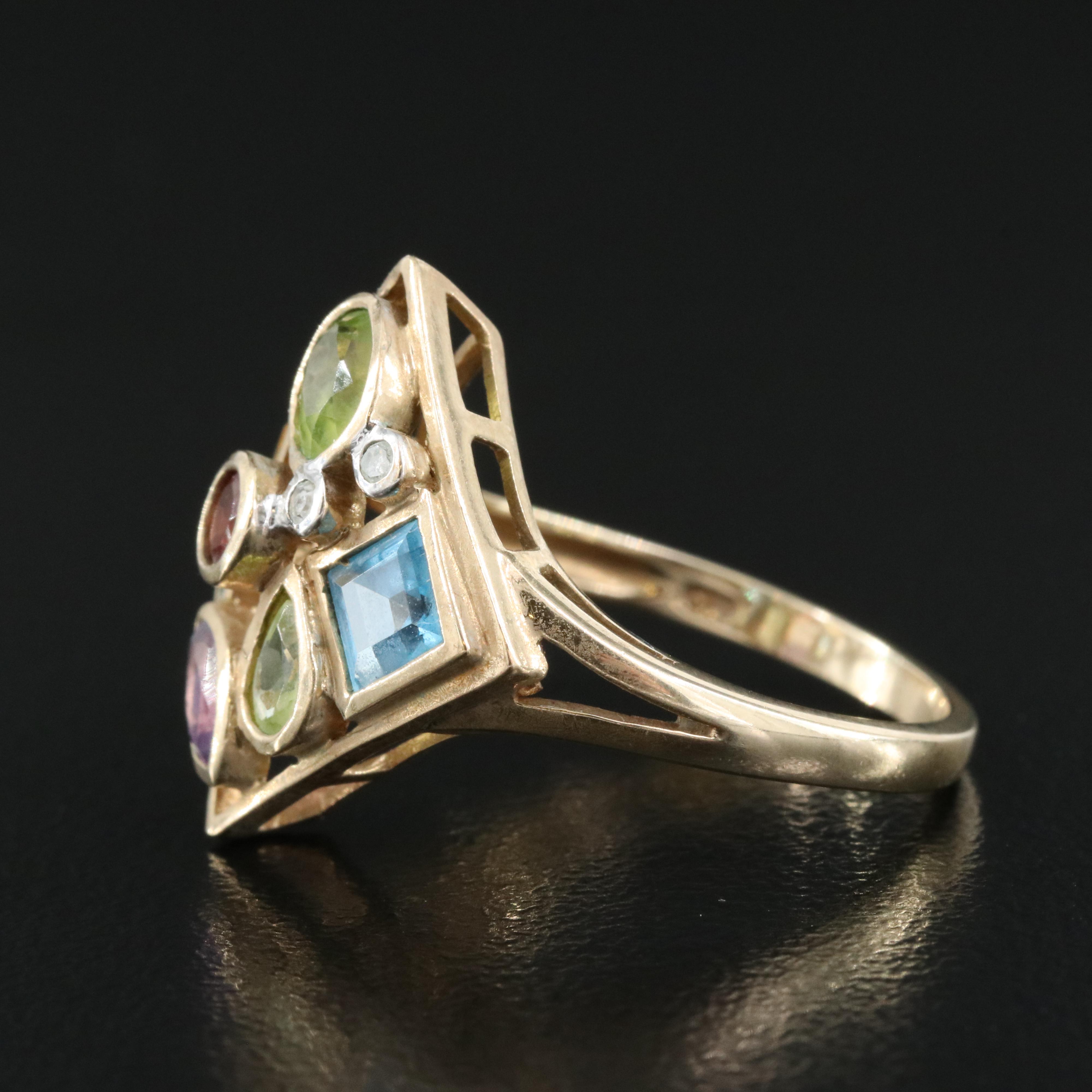 10K Peridot, Amethyst, Topaz, Garnet, Citrine and Diamond Ring