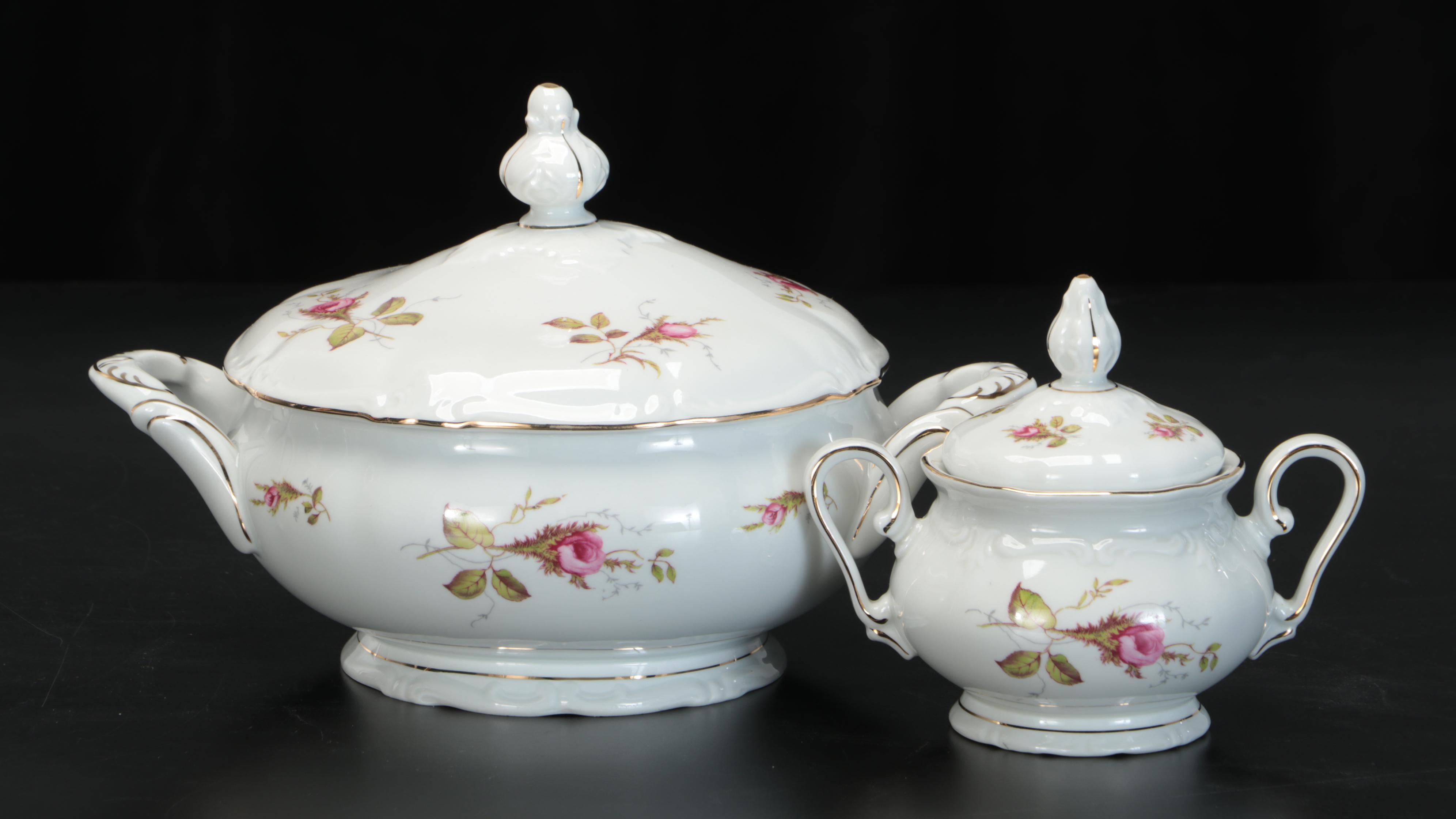 Winterling Porcelain "Moss Rose" Dinnerware and Serving Pieces, Mid-Late 20th C.
