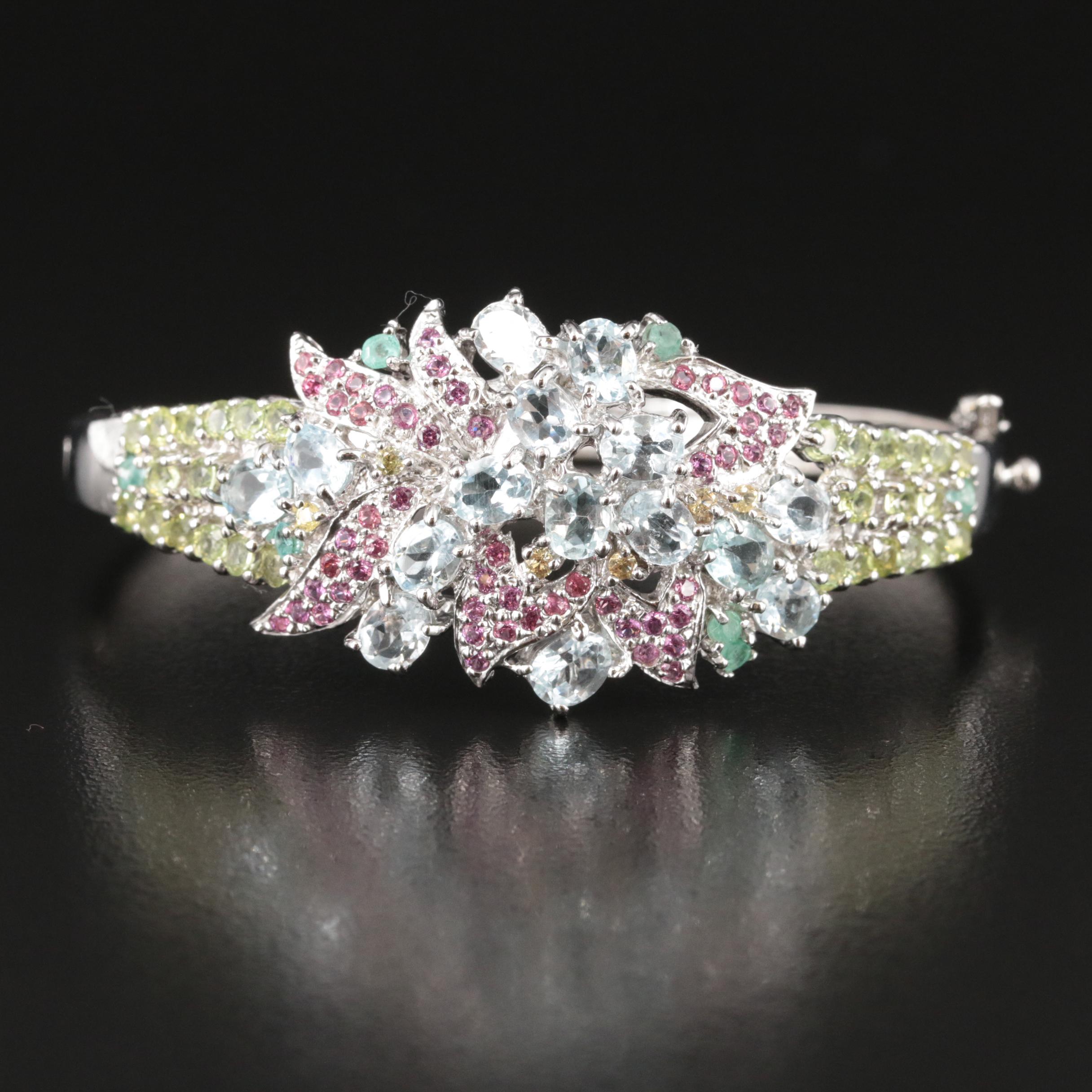Sterling Aquamarine and Gemstone Floral Hinged Bangle