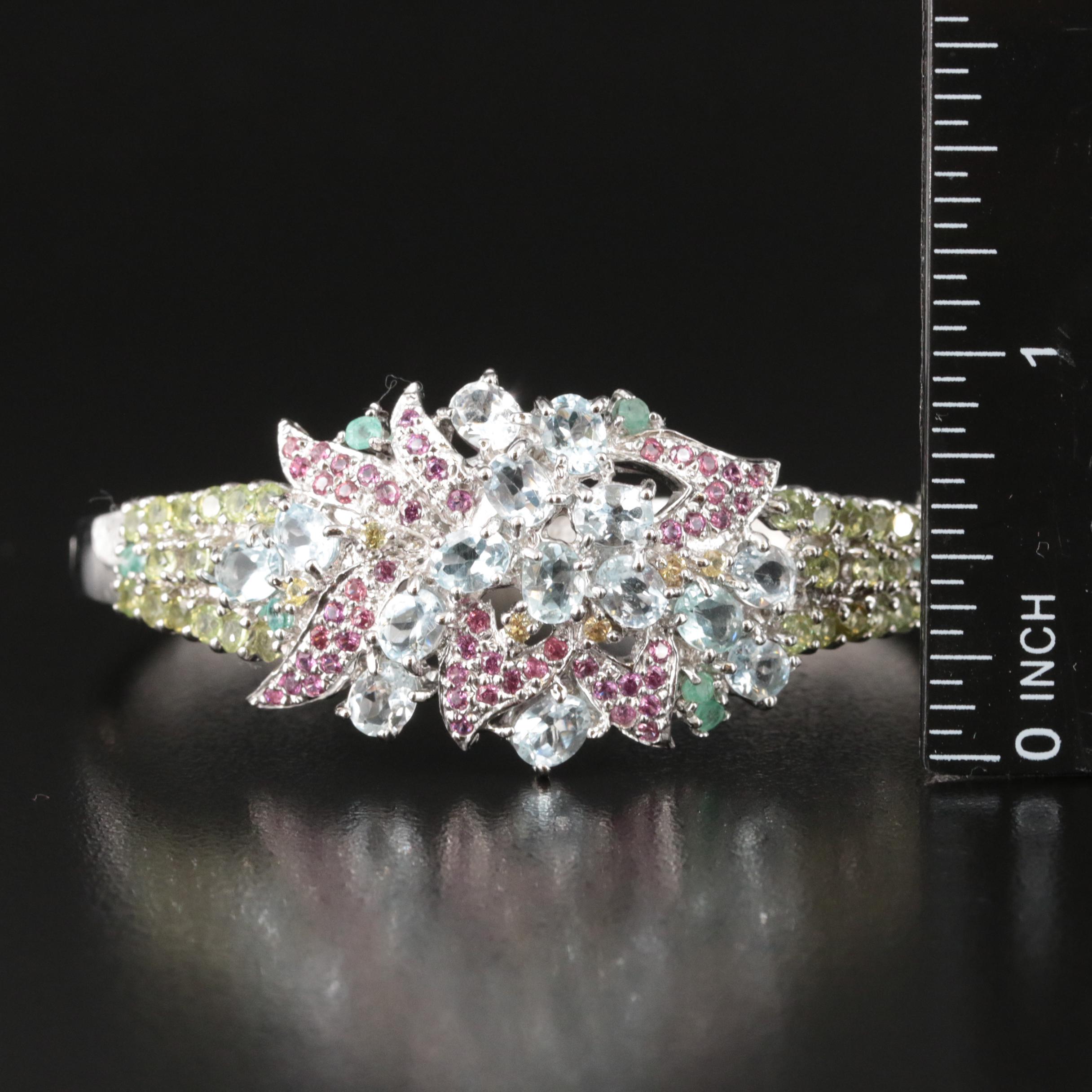 Sterling Aquamarine and Gemstone Floral Hinged Bangle