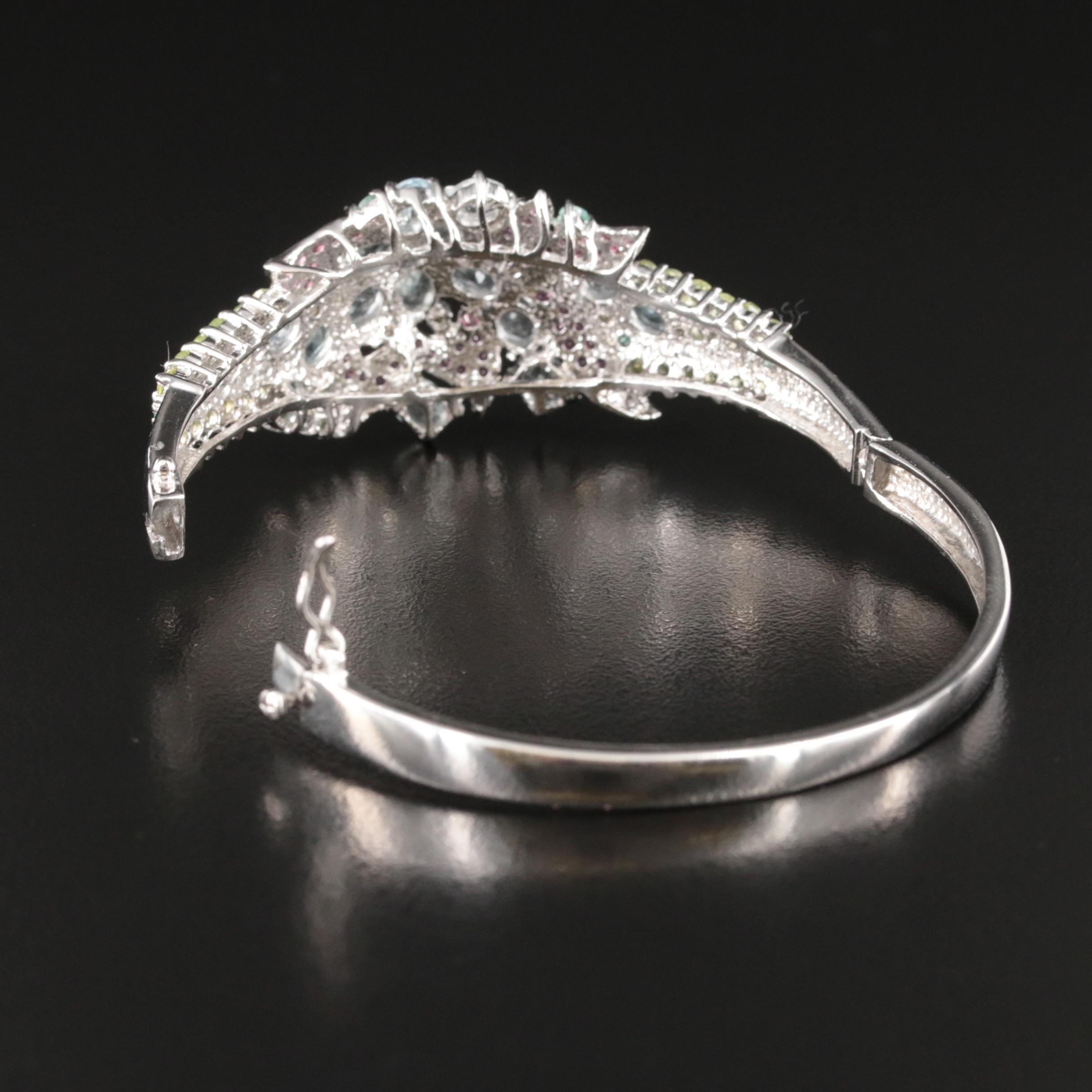 Sterling Aquamarine and Gemstone Floral Hinged Bangle