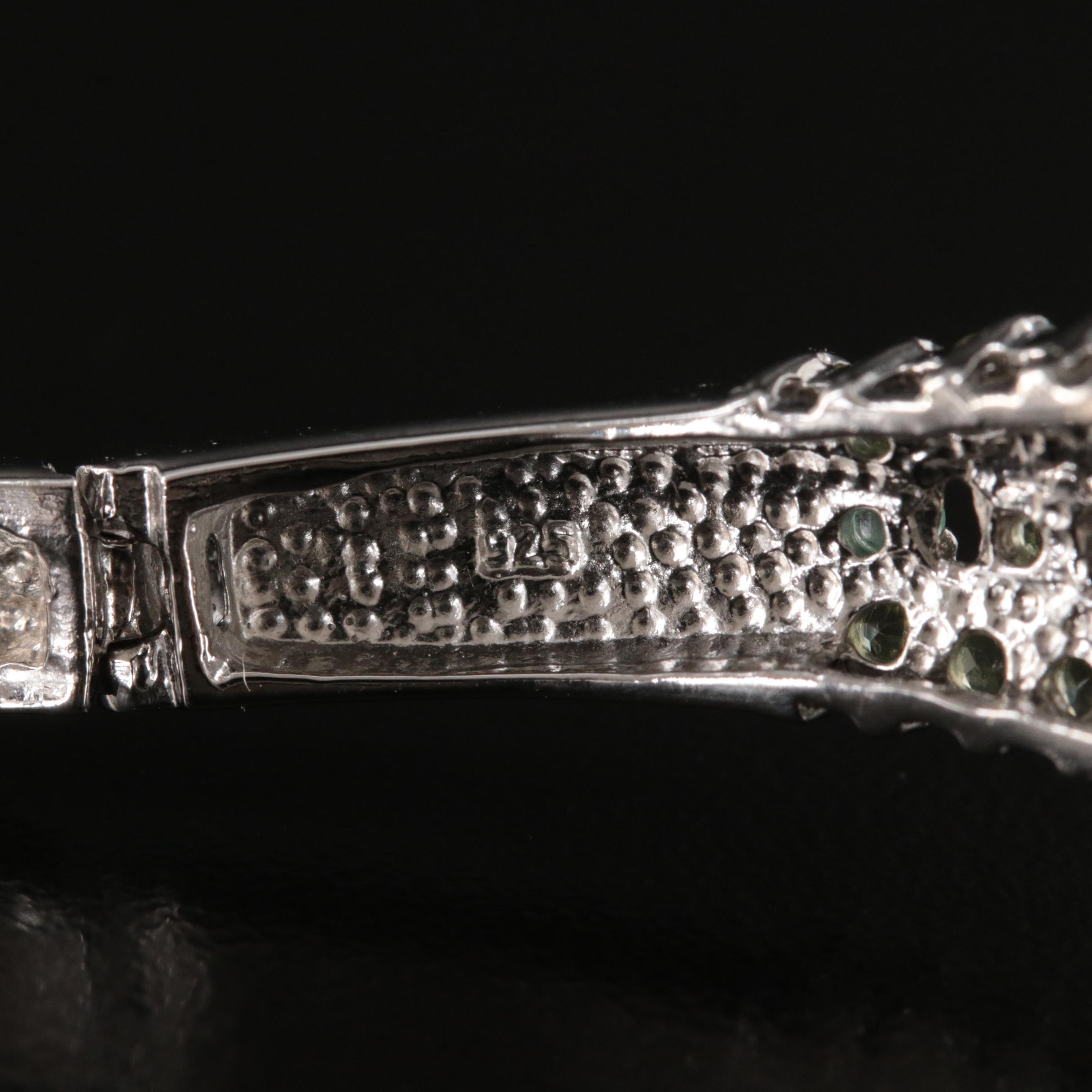 Sterling Aquamarine and Gemstone Floral Hinged Bangle