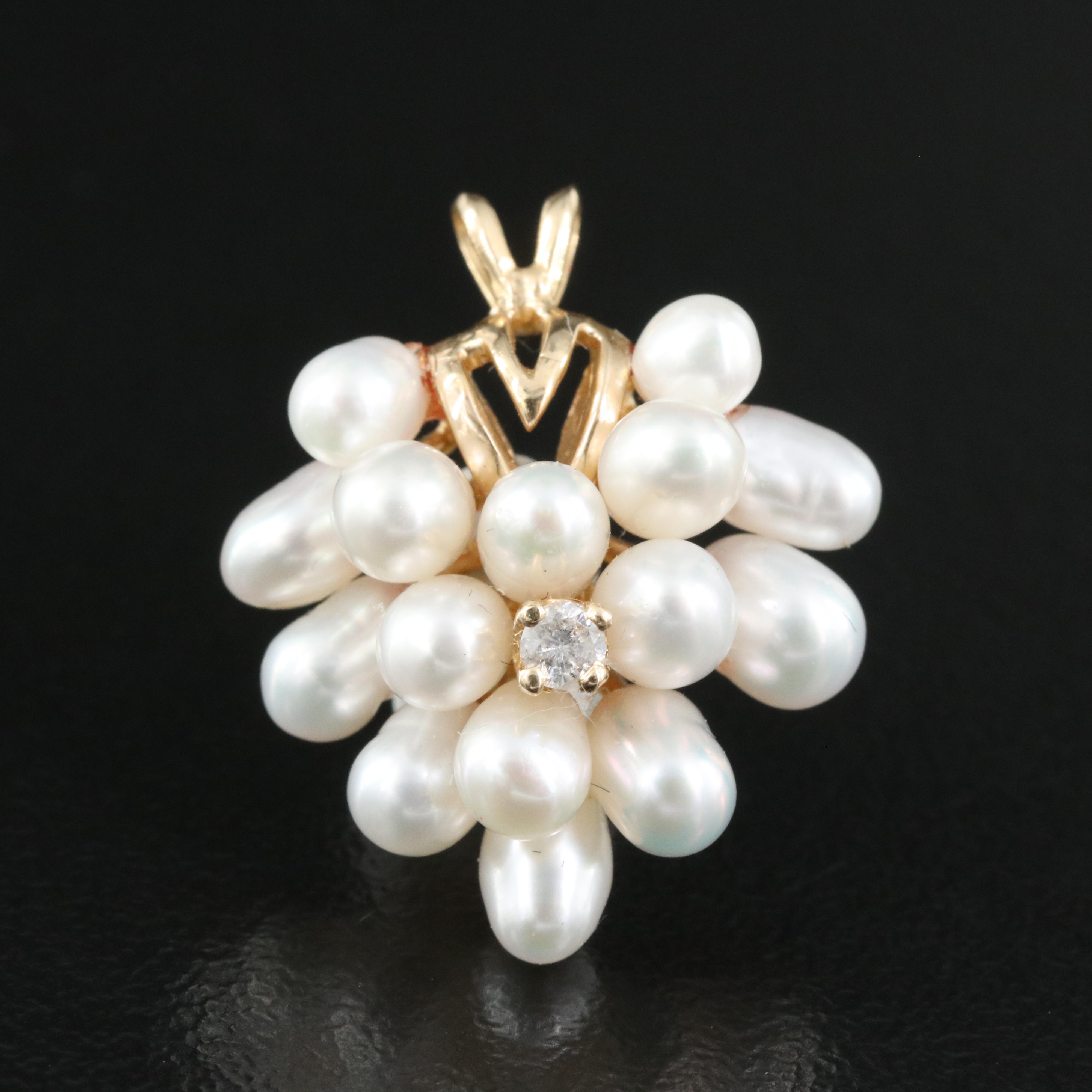 14K 0.04 CT Diamond and Pearl Cluster Pendant