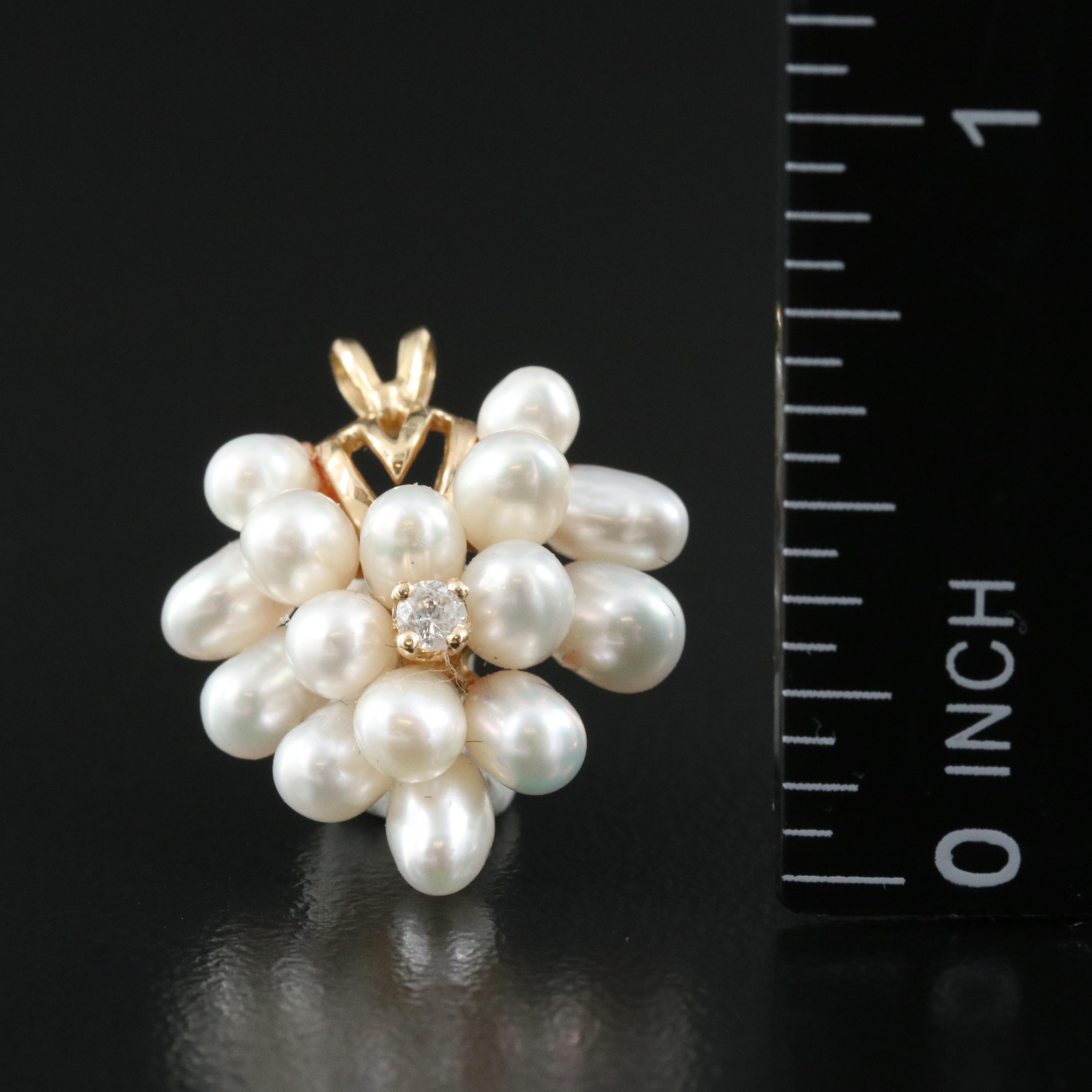 14K 0.04 CT Diamond and Pearl Cluster Pendant