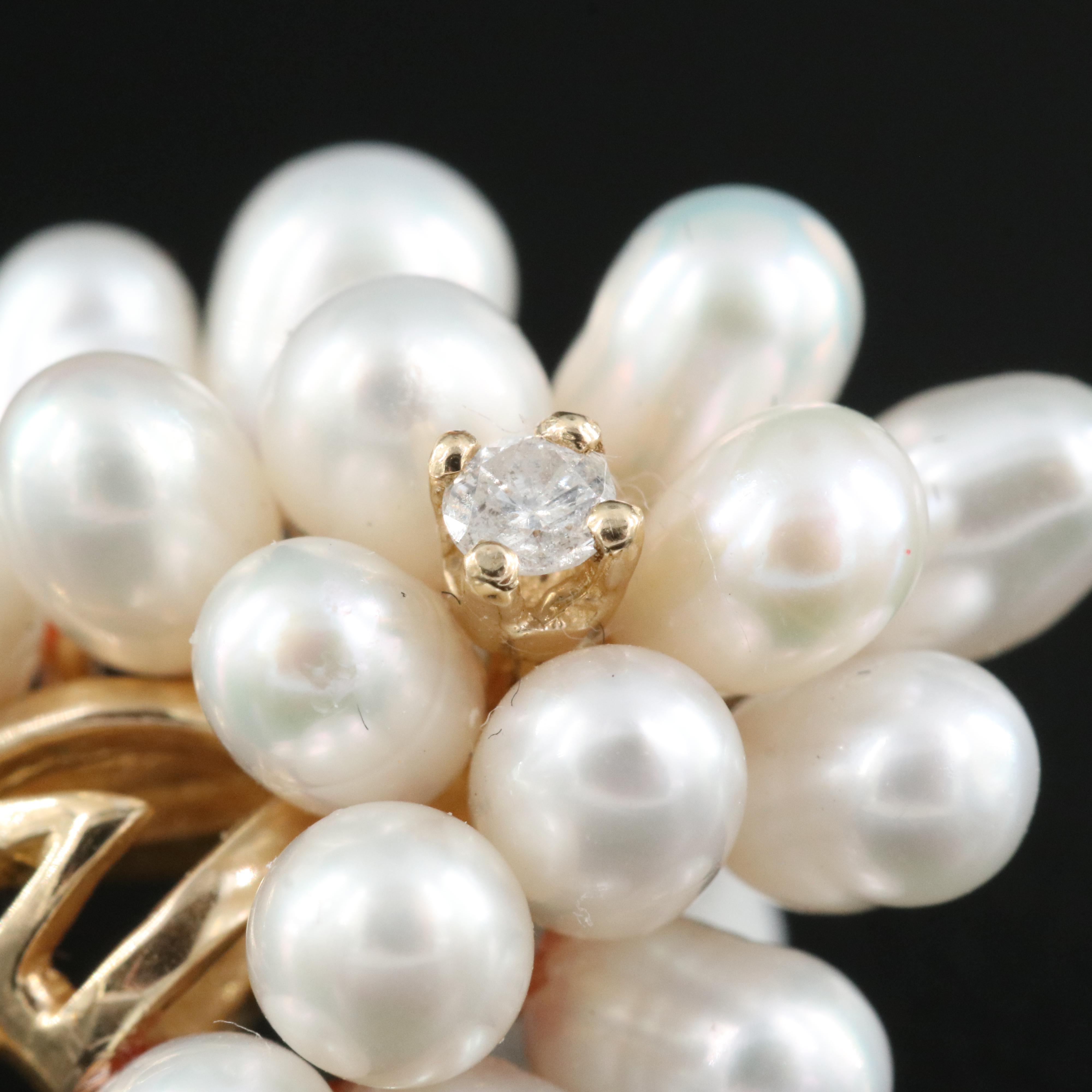 14K 0.04 CT Diamond and Pearl Cluster Pendant