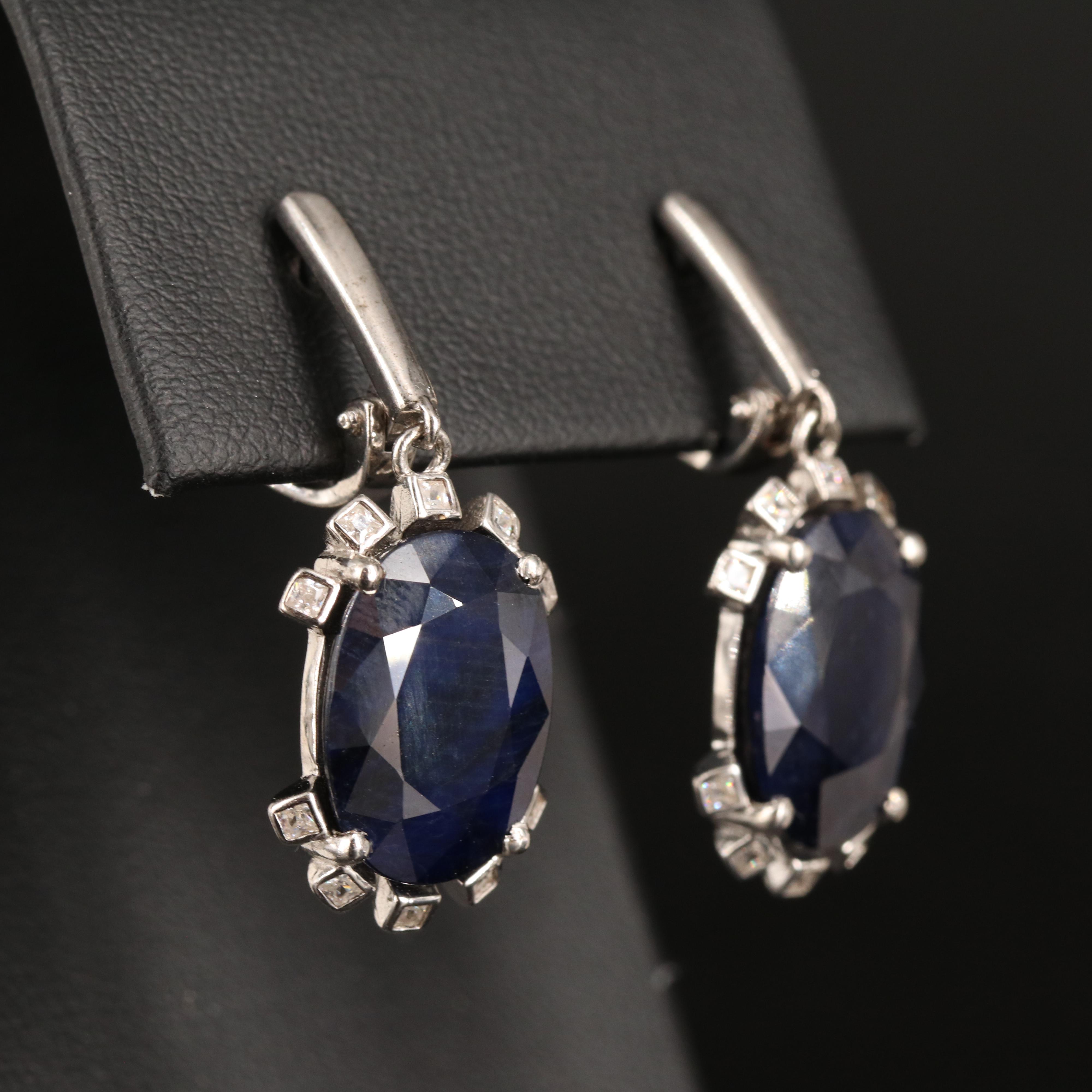 Sterling Sapphire and Cubic Zirconia Pendant Earrings