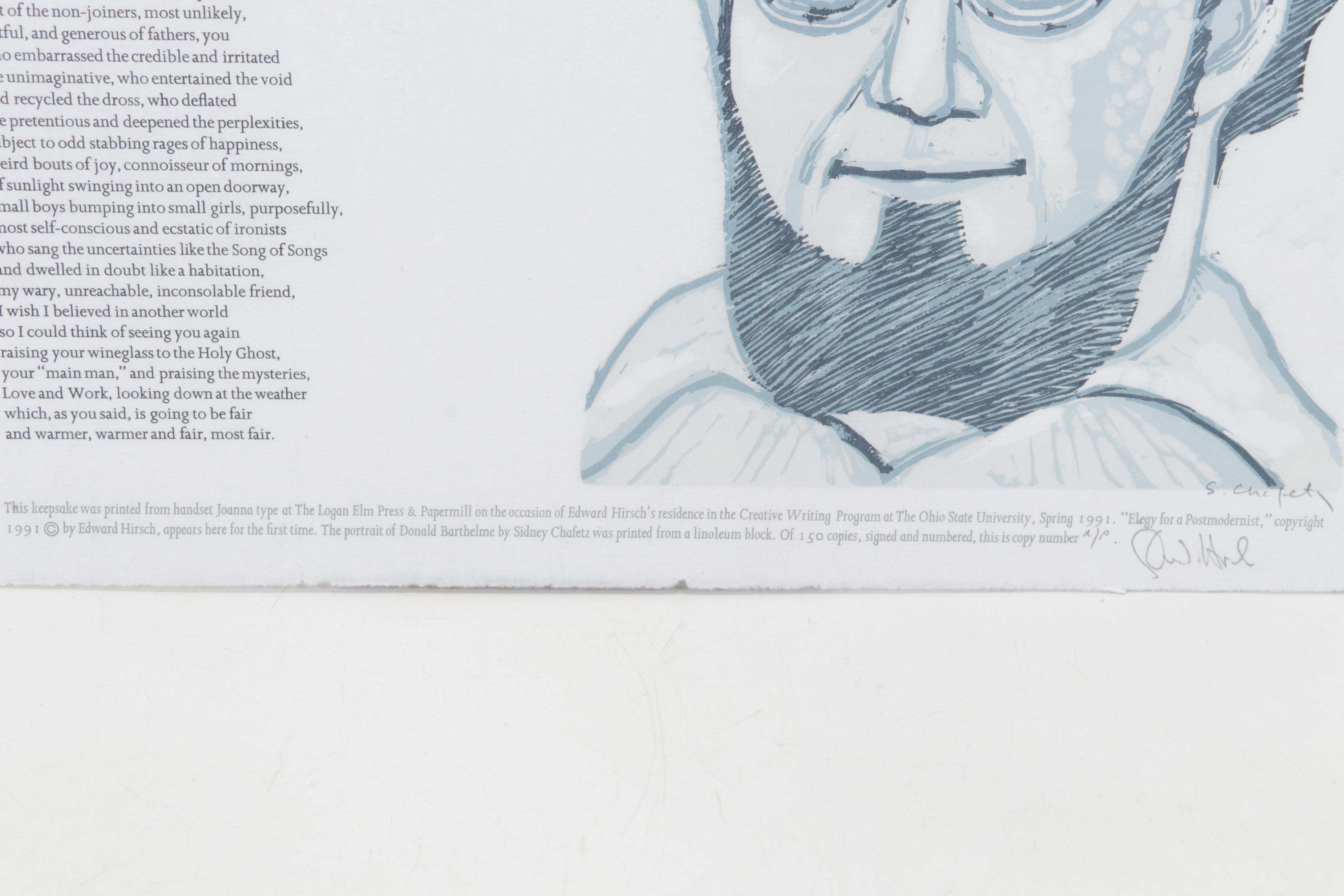 Sidney Chafetz Linocut "Elegy for a Postmodernist," 1991