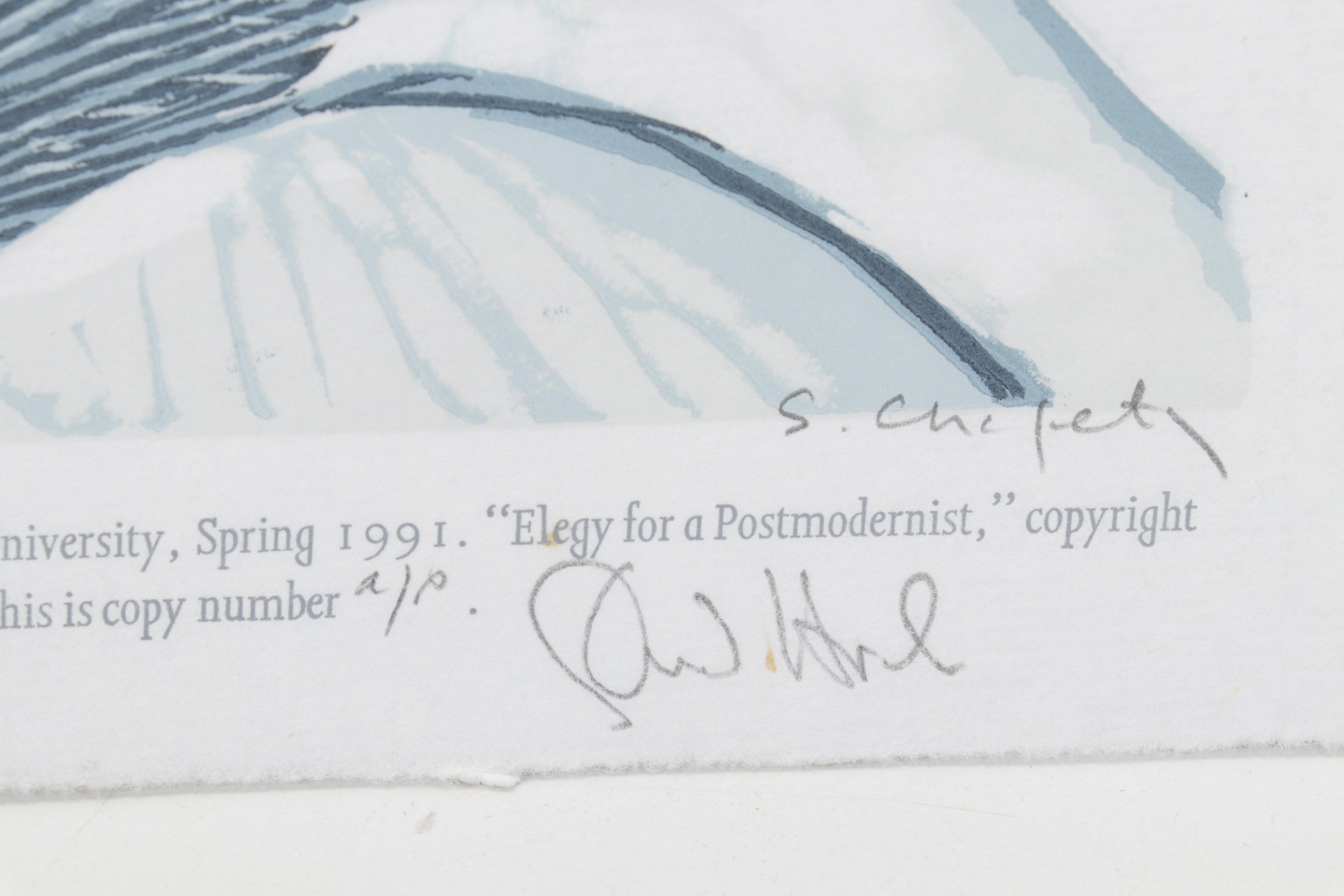 Sidney Chafetz Linocut "Elegy for a Postmodernist," 1991