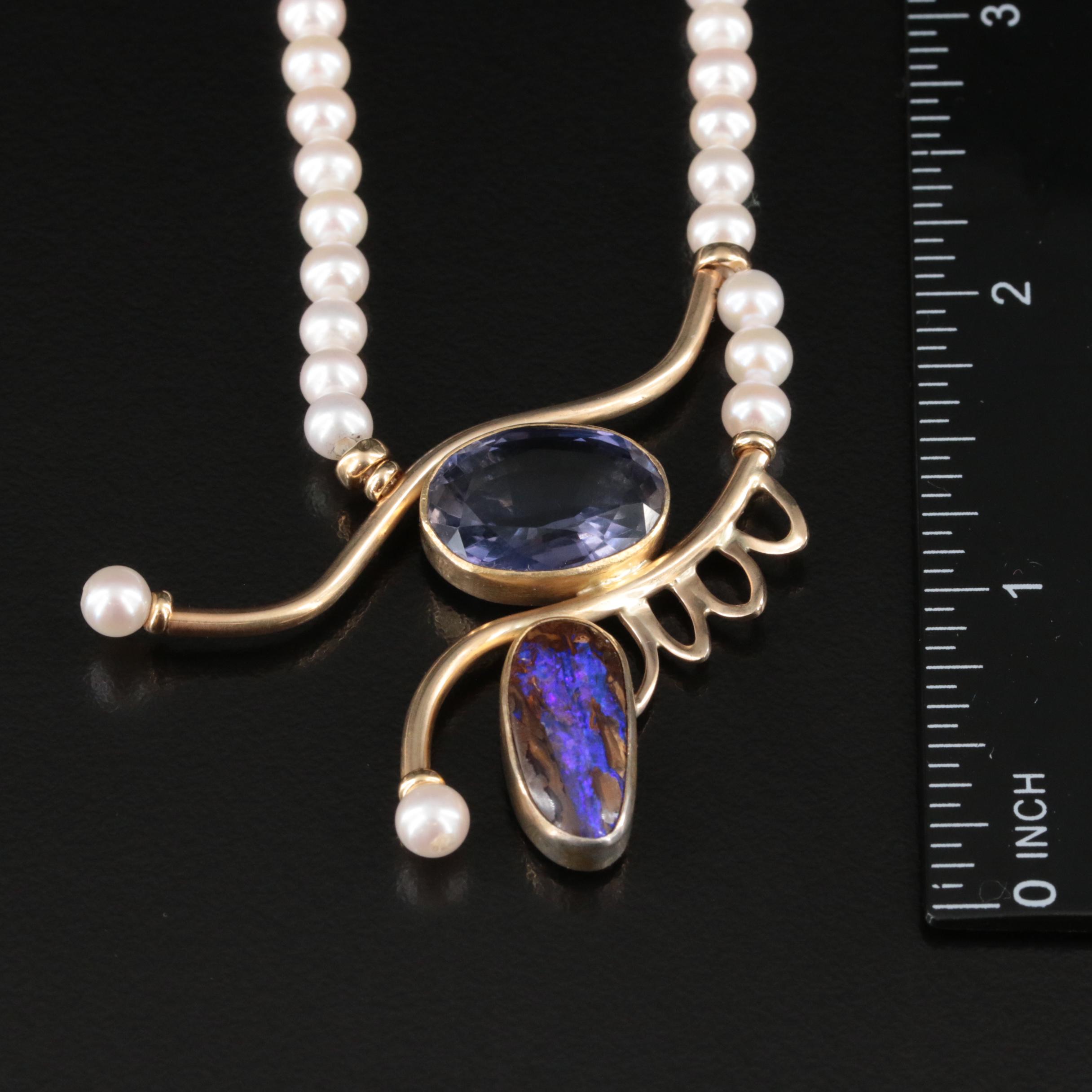Artist Signed Pearl, Iolite and Boulder Opal Necklace with 22K and 14K Accents