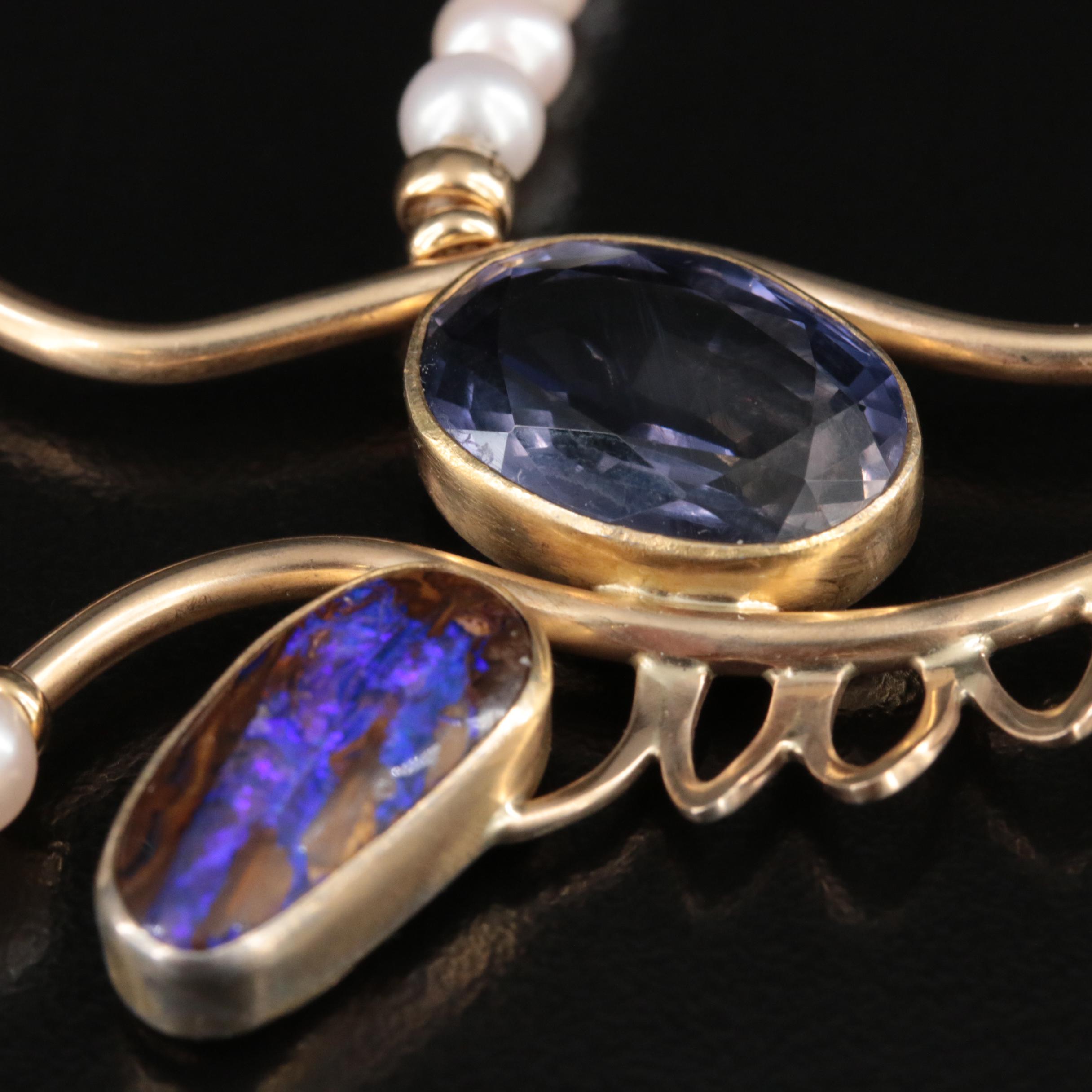 Artist Signed Pearl, Iolite and Boulder Opal Necklace with 22K and 14K Accents