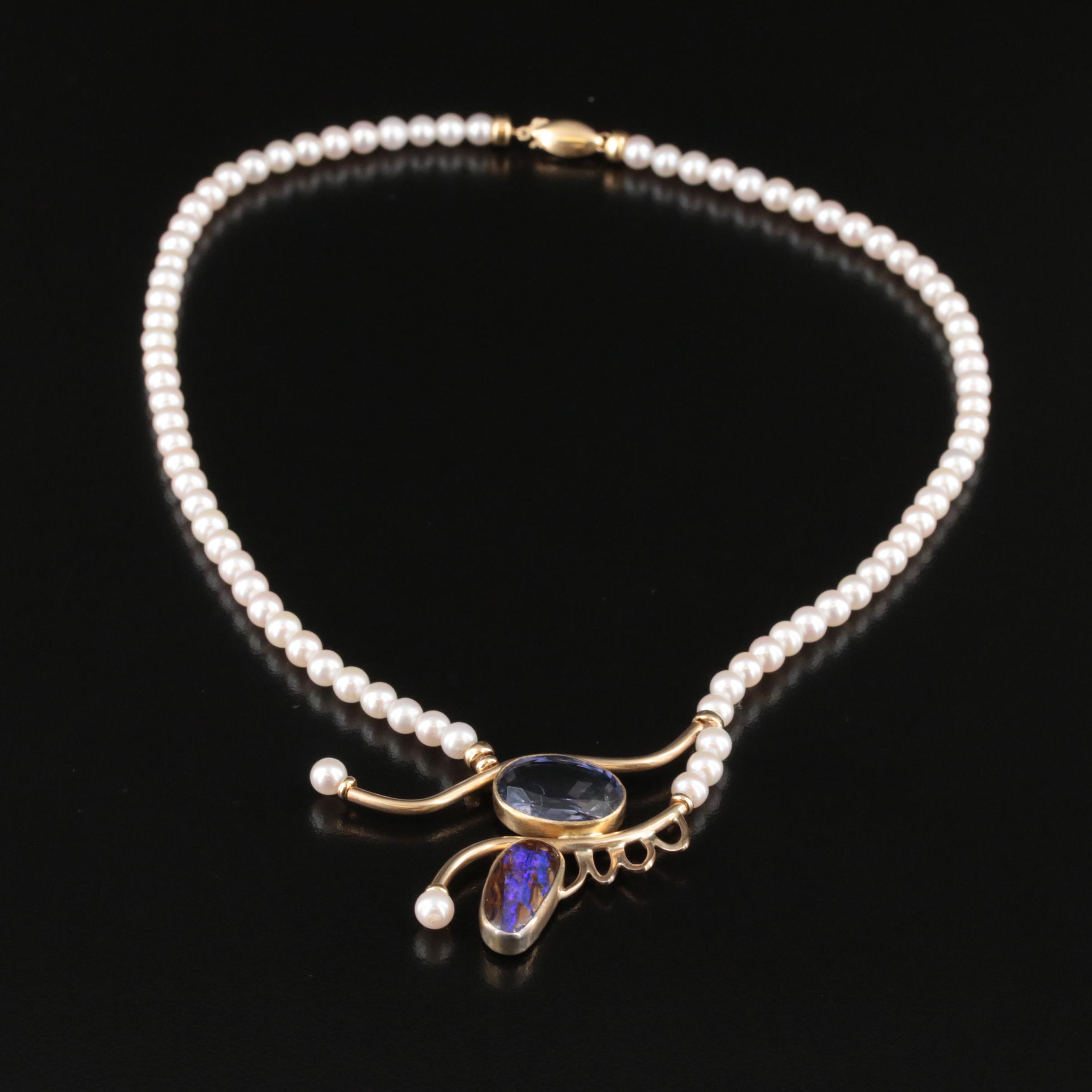 Artist Signed Pearl, Iolite and Boulder Opal Necklace with 22K and 14K Accents