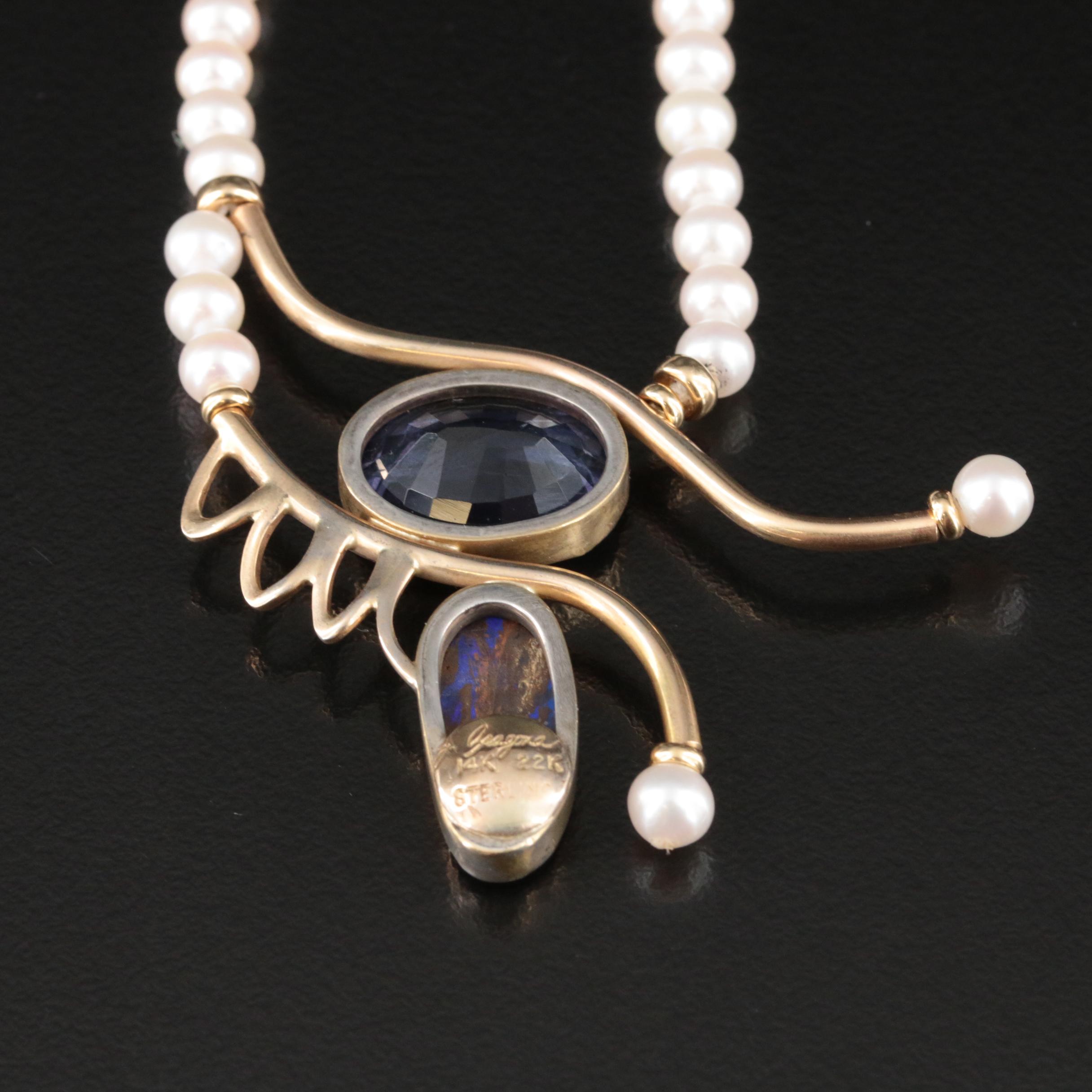 Artist Signed Pearl, Iolite and Boulder Opal Necklace with 22K and 14K Accents