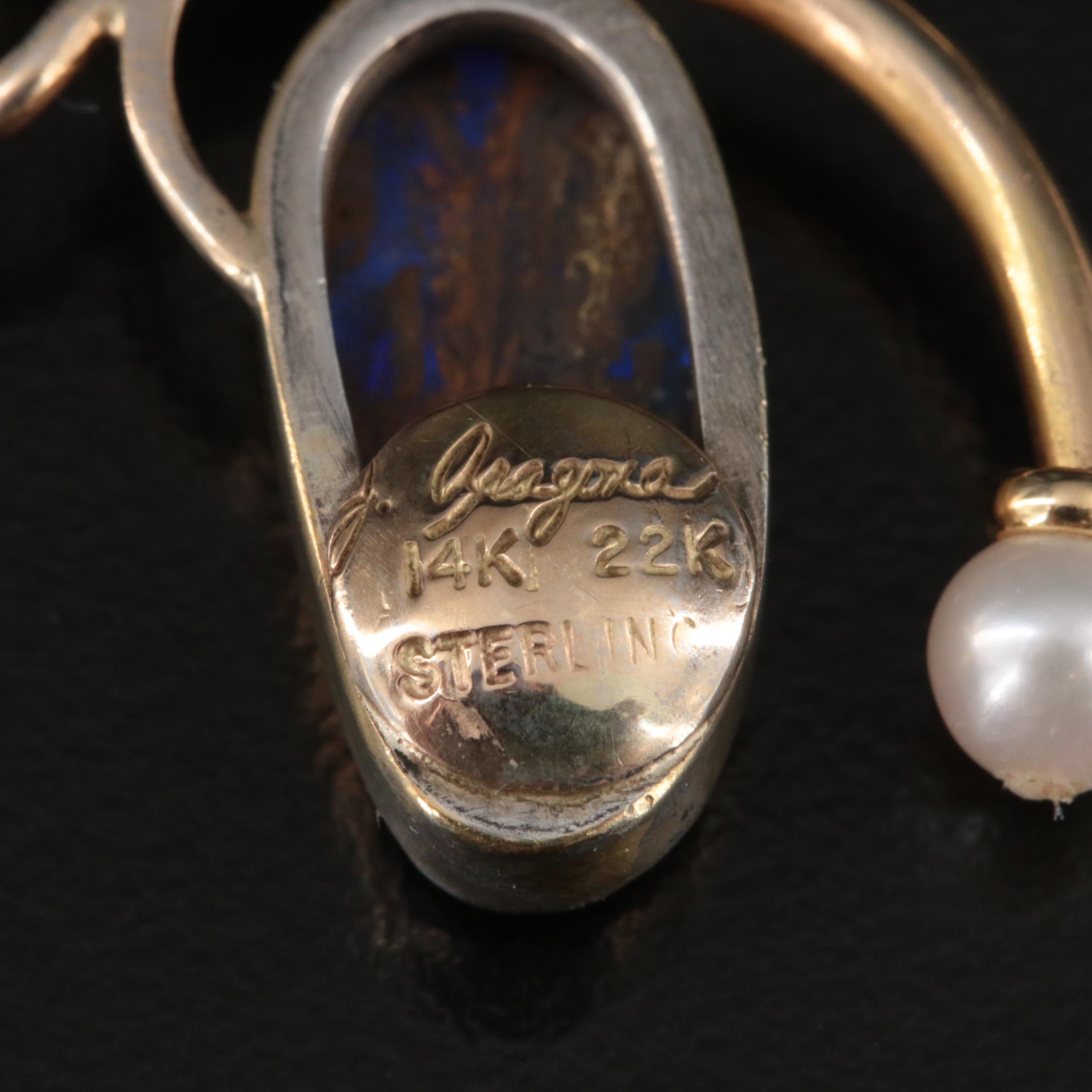 Artist Signed Pearl, Iolite and Boulder Opal Necklace with 22K and 14K Accents