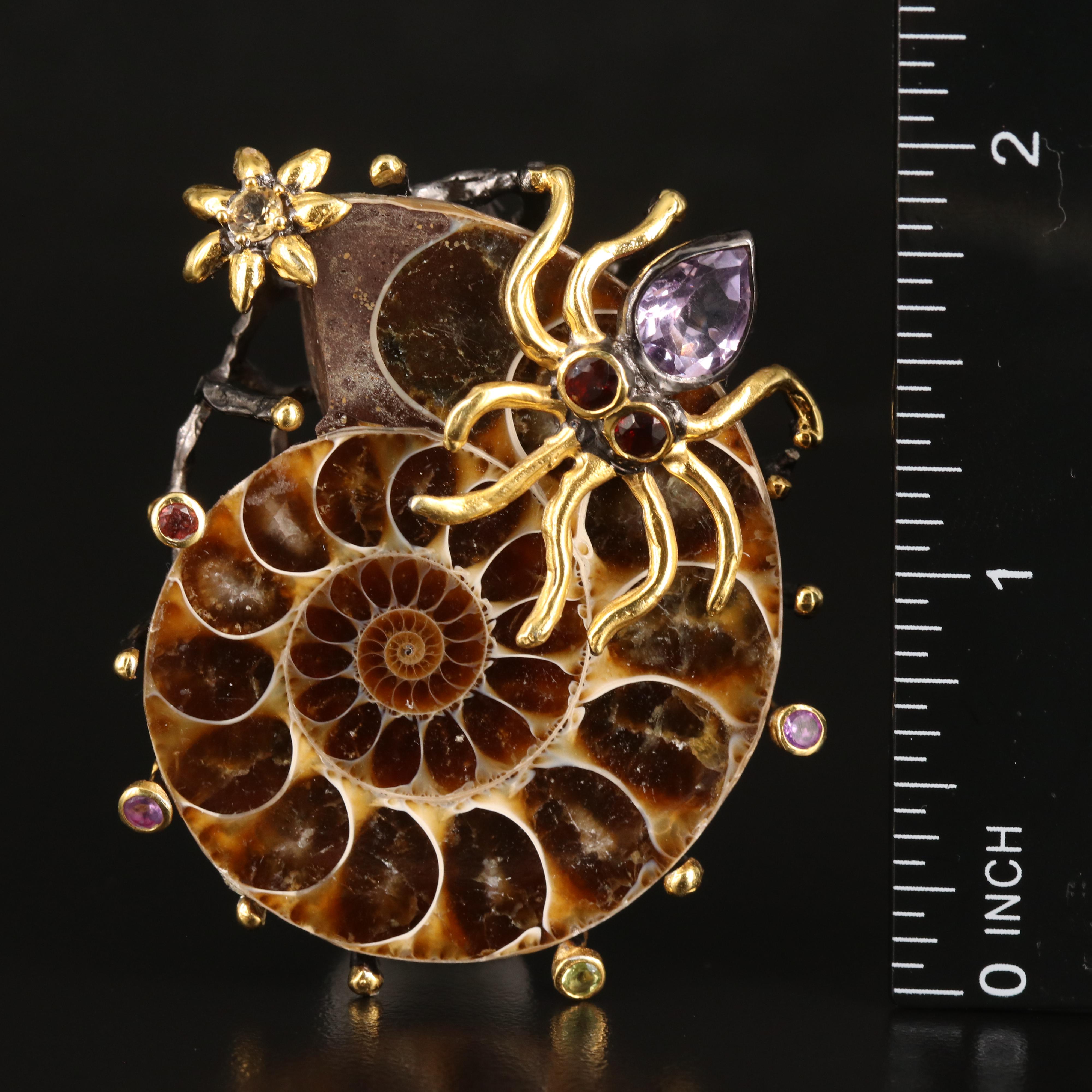 Sterling Ammonite and Gemstone Sea Life Pendant