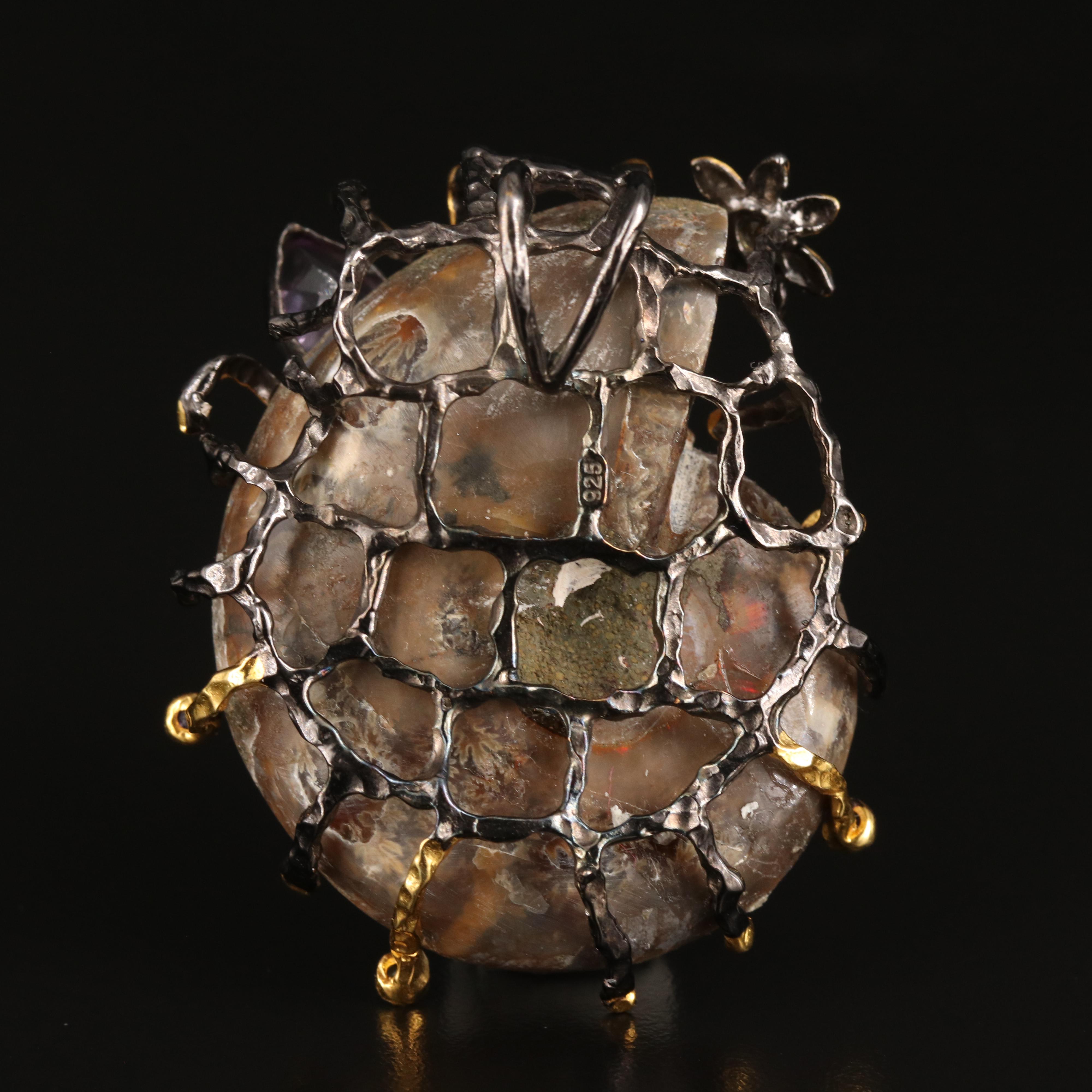 Sterling Ammonite and Gemstone Sea Life Pendant