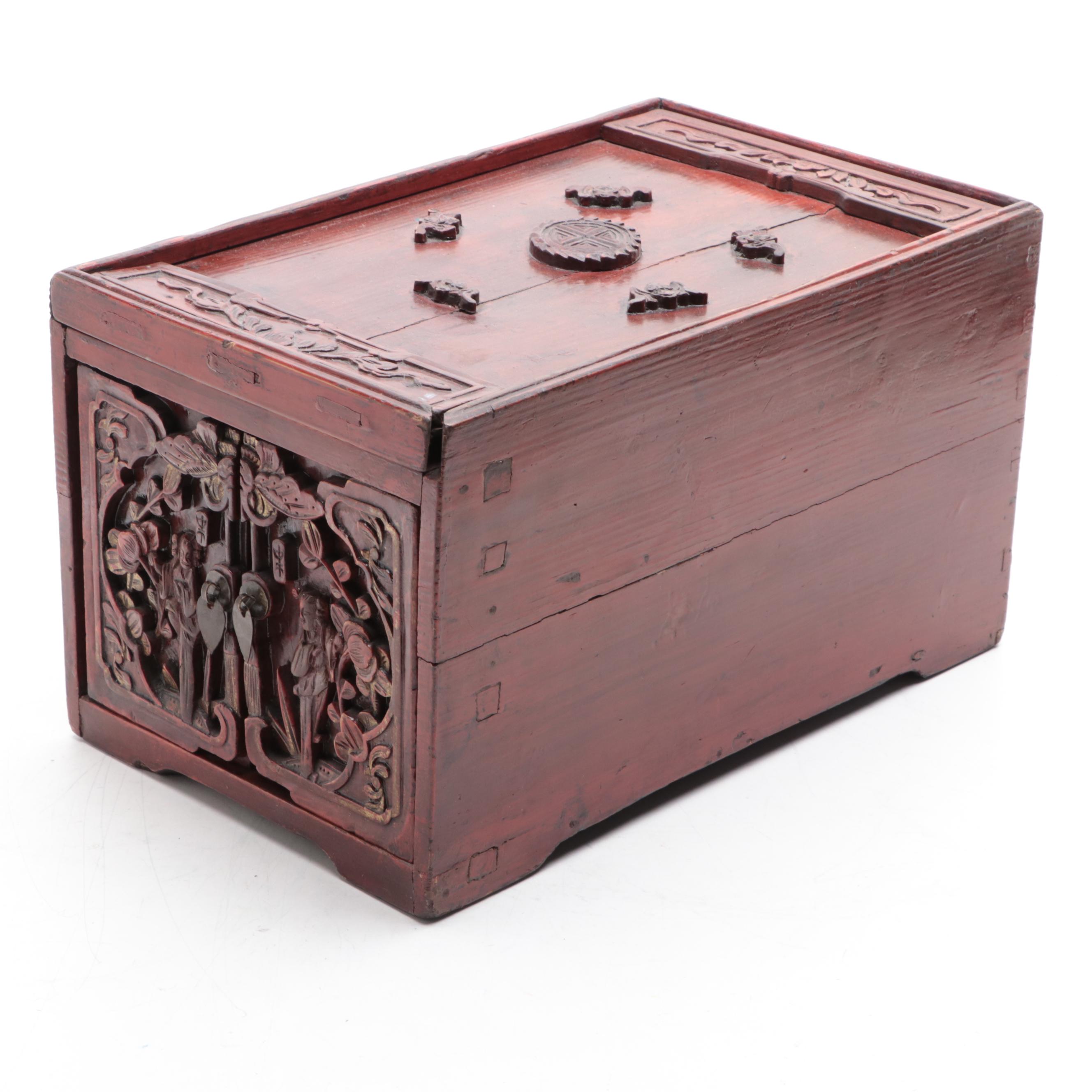 Chinese Carved Wood Jewelry Storage Box