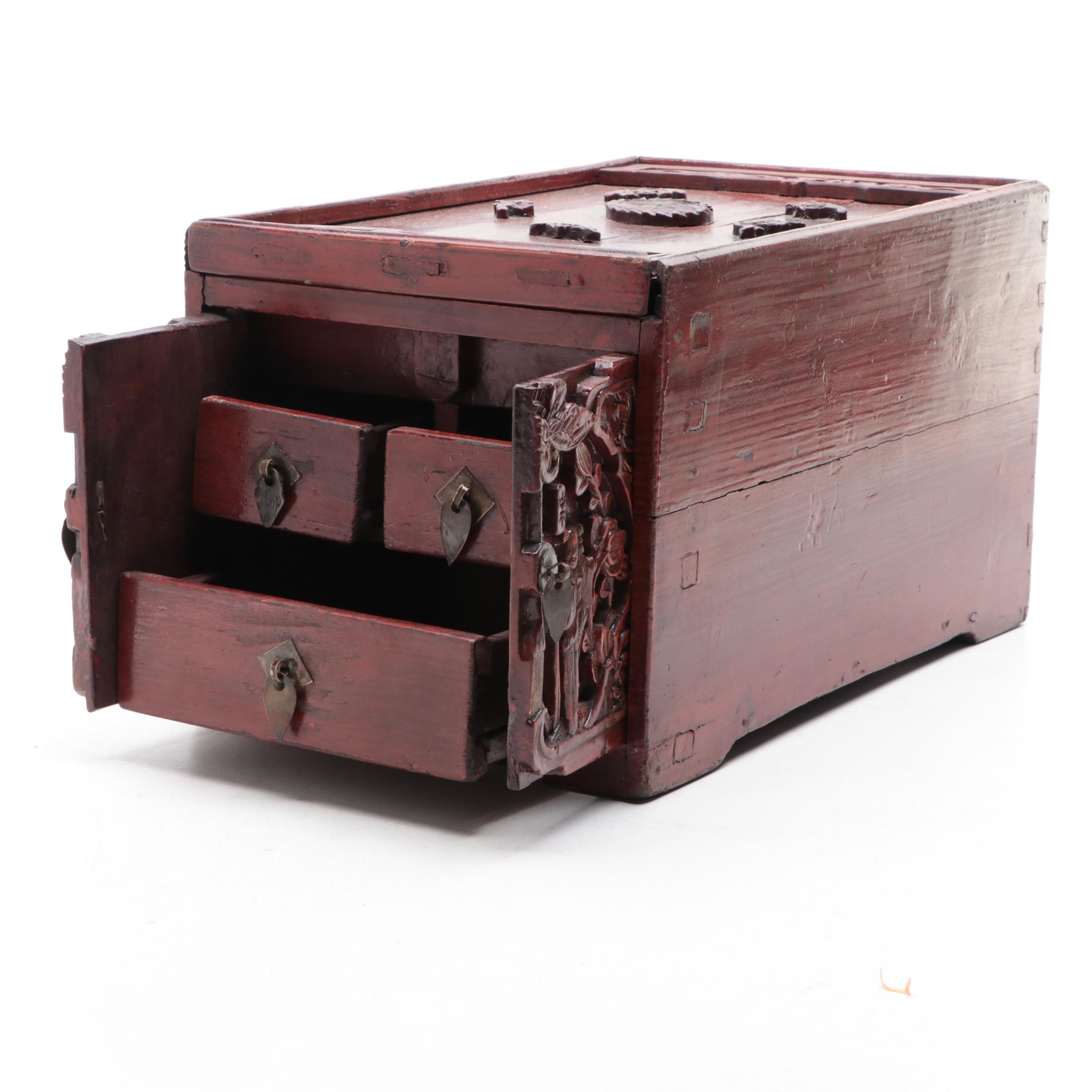 Chinese Carved Wood Jewelry Storage Box