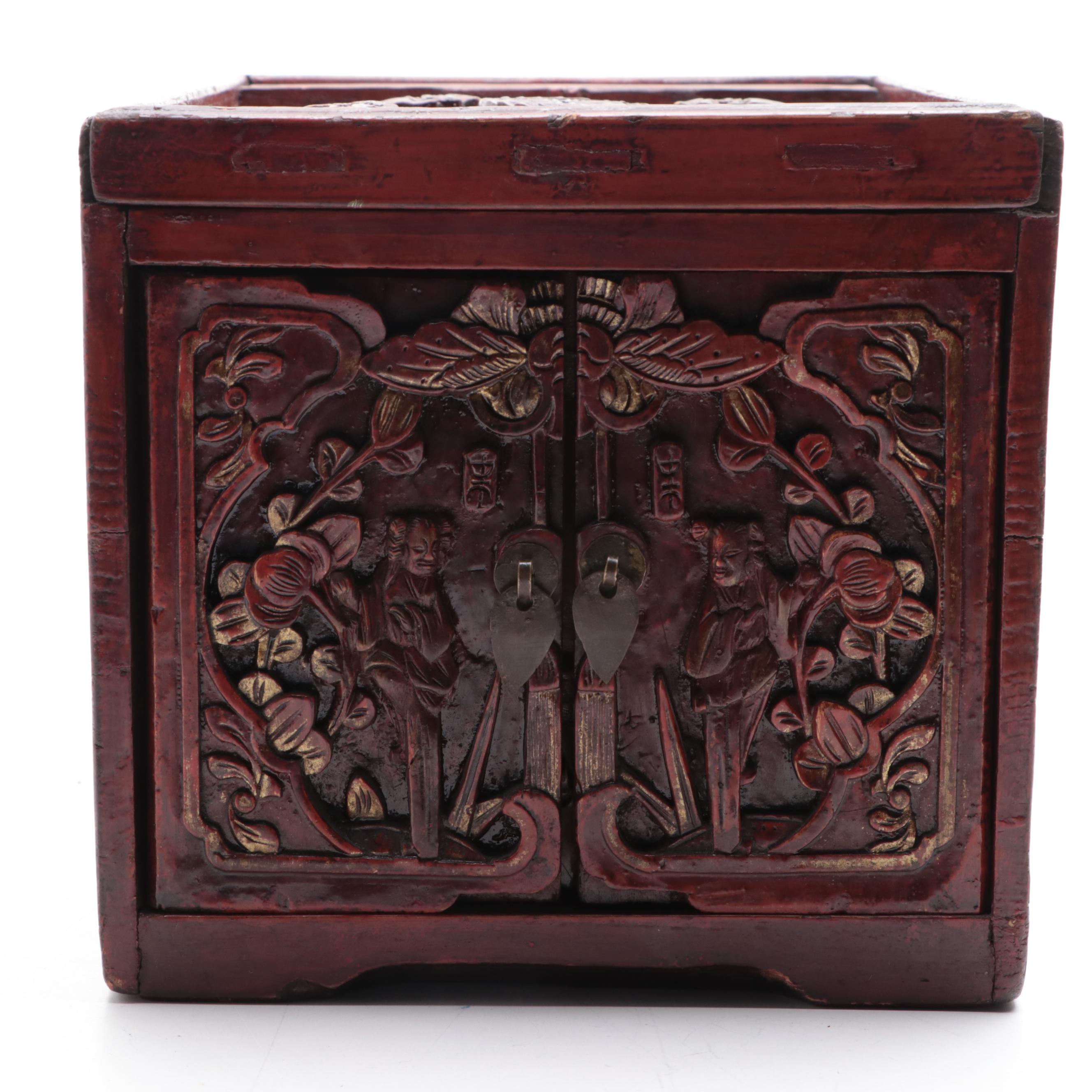 Chinese Carved Wood Jewelry Storage Box