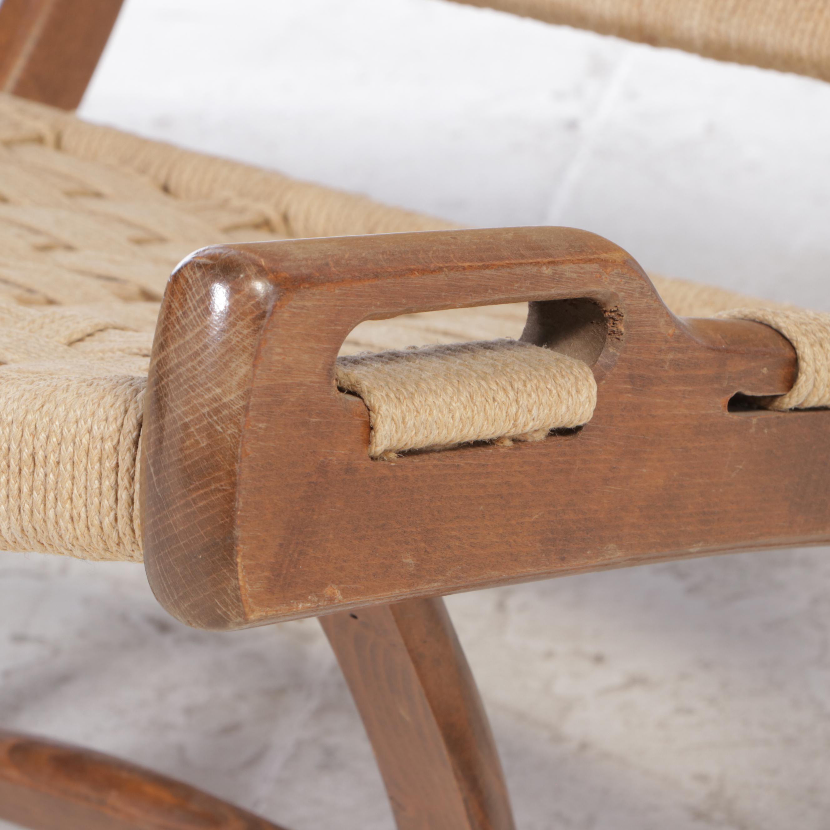 Pair of Modernist Beach and Rope Folding Lounge Chairs, Manner of Hans Wegner