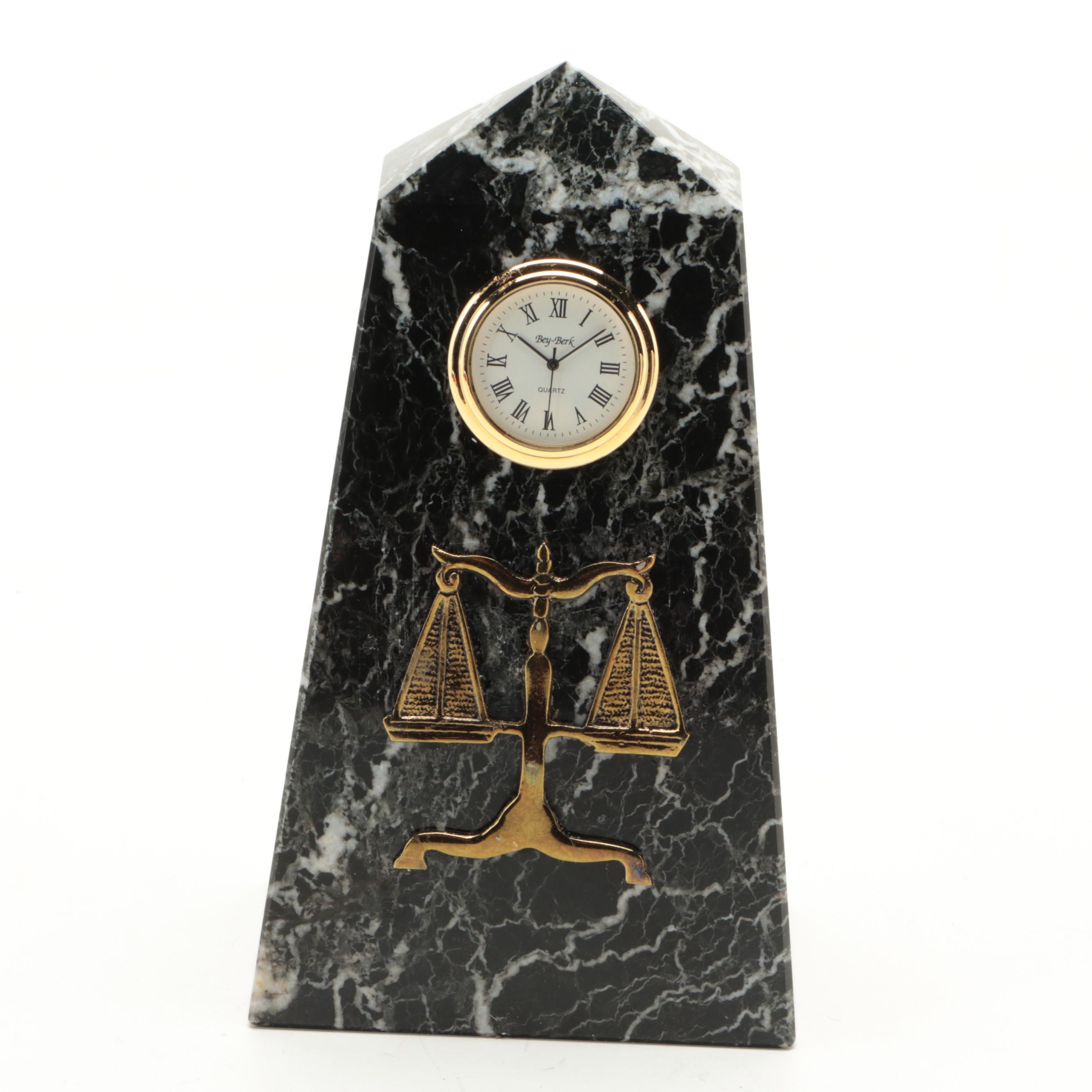 Black Marble Scales of Justice Desk Clock and Bookend