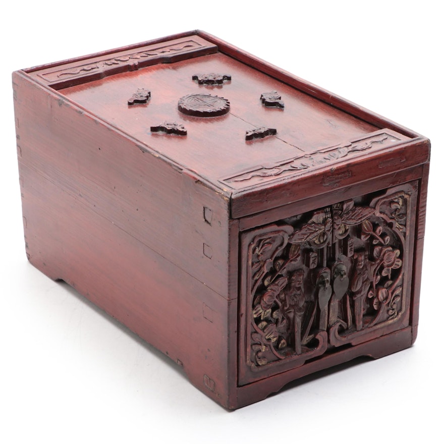 Chinese Carved Wood Jewelry Storage Box