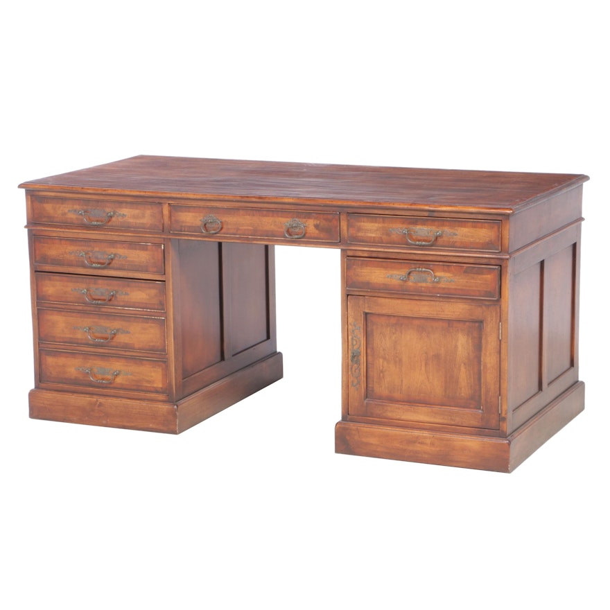 French Provincial Style Fruitwood-Stained and Crossbanded Double-Pedestal Desk