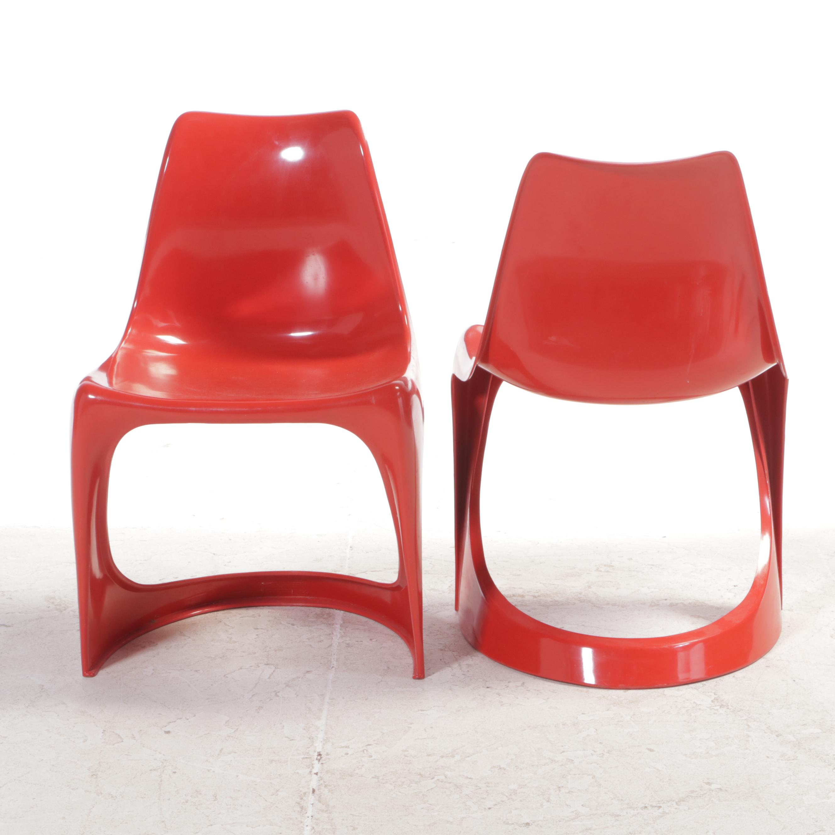 Pair of Steen Østergaard for Cado "Model 290" Red Molded Plastic Stacking Chairs