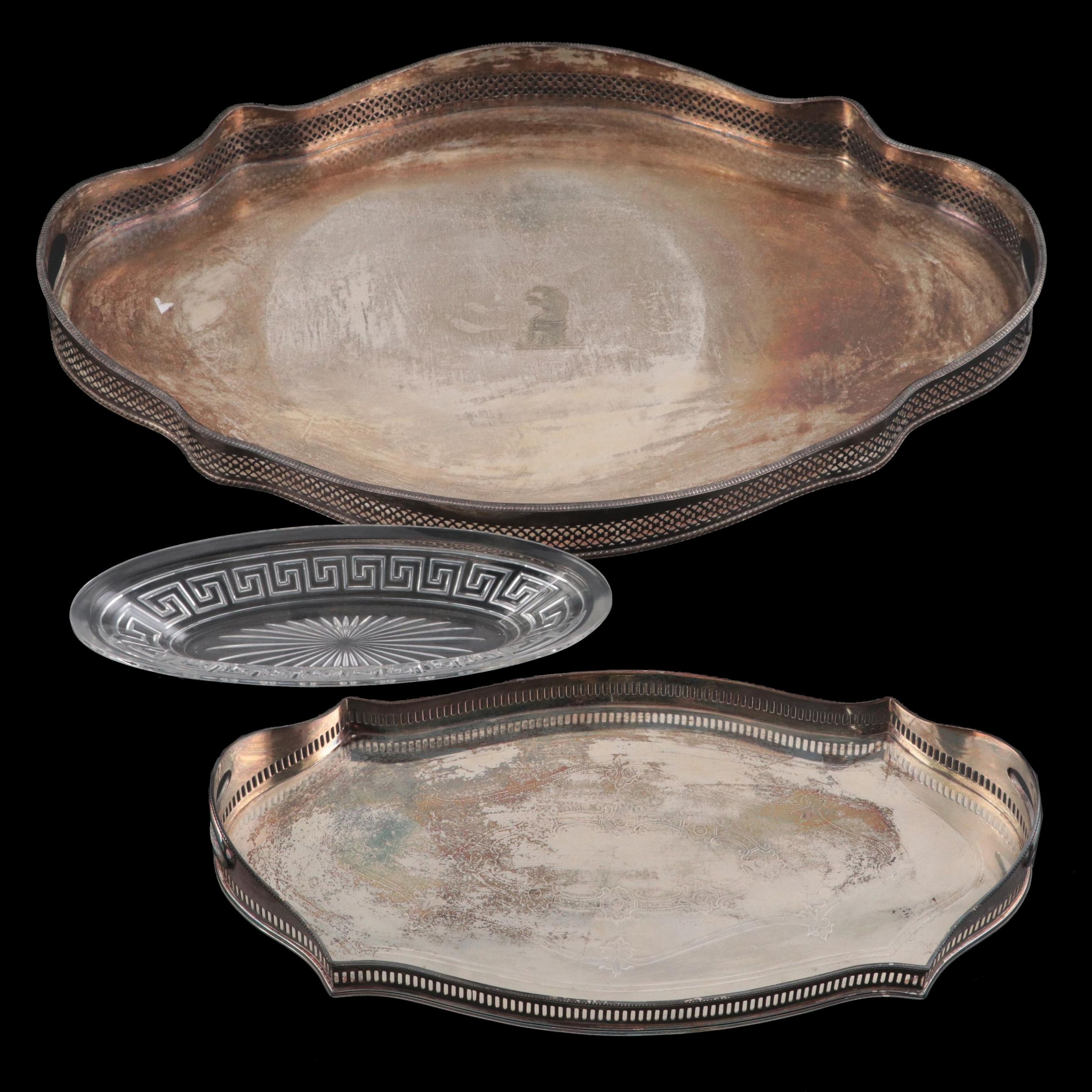 Sheffield Silver Plated Serpentine Gallery Trays with Pressed Crystal Dish