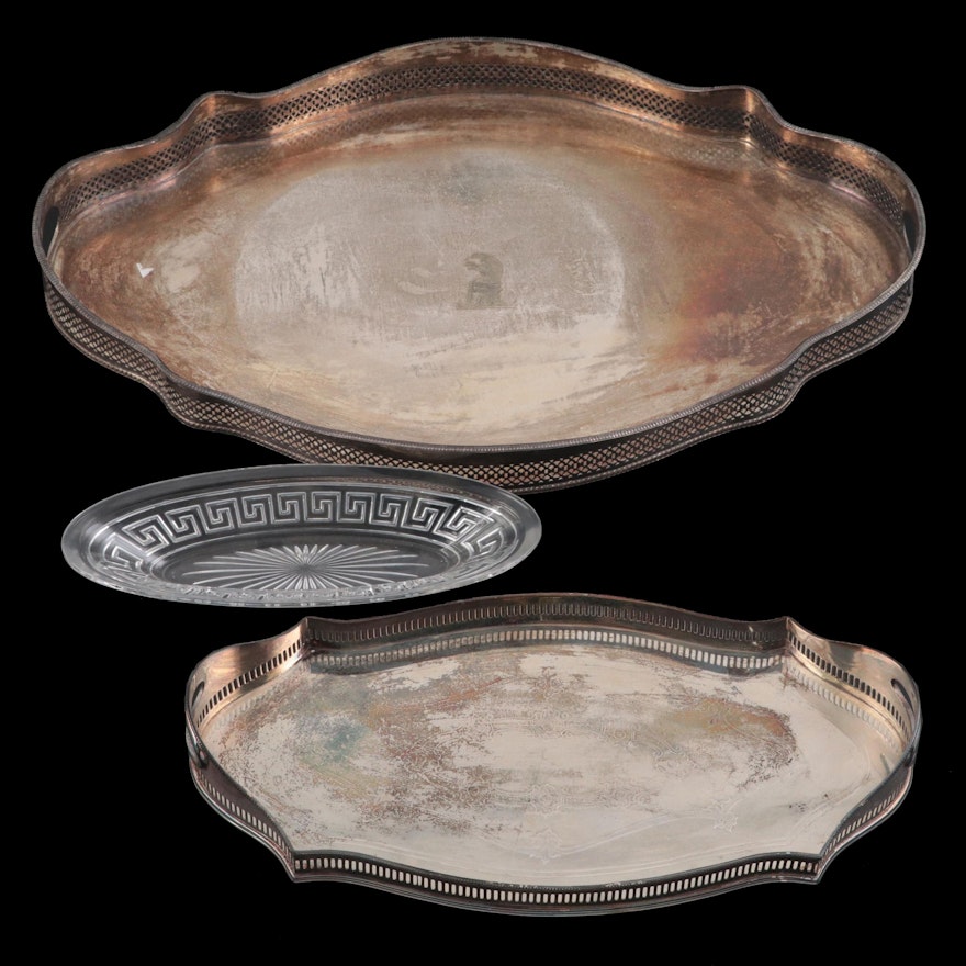 Sheffield Silver Plated Serpentine Gallery Trays with Pressed Crystal Dish