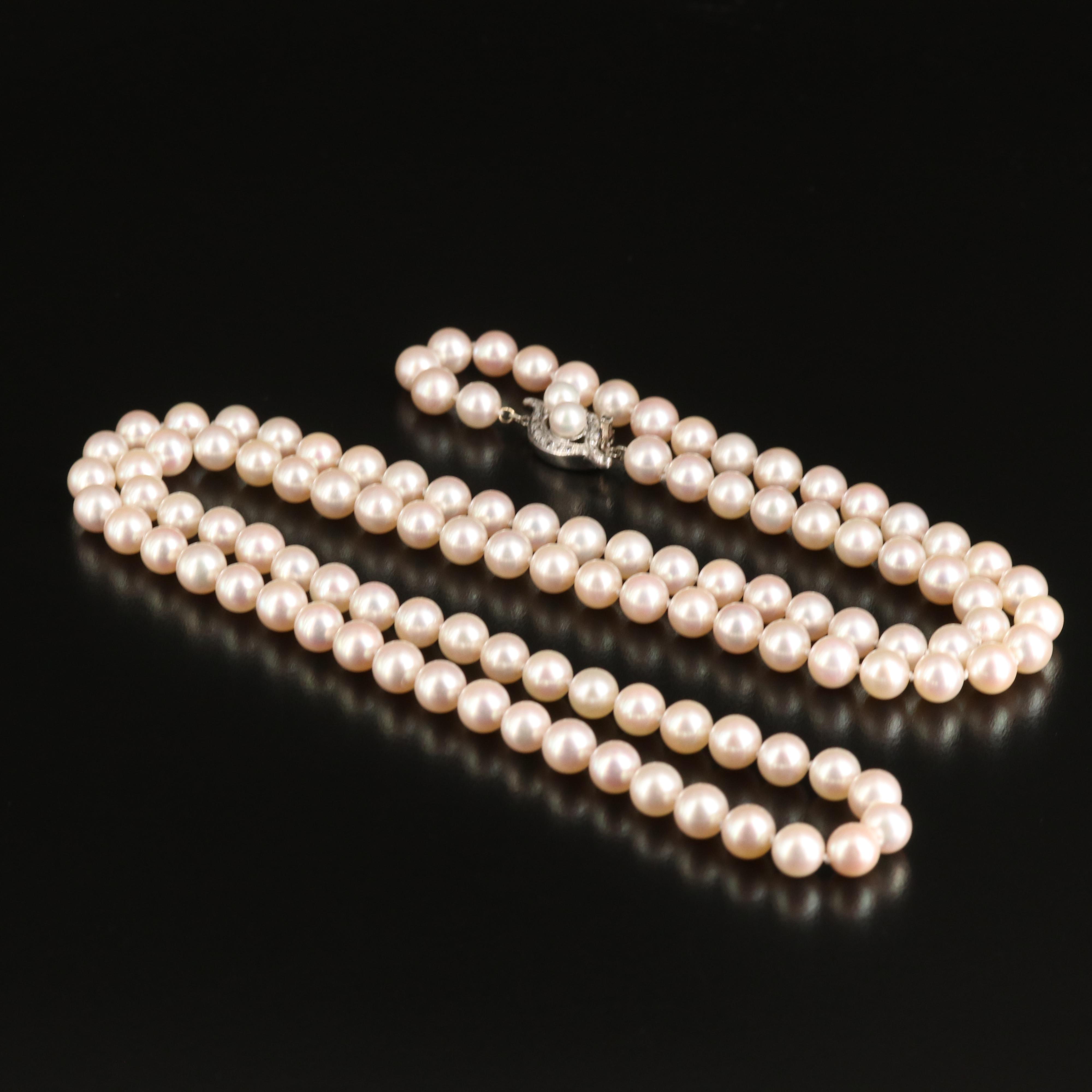 Vintage Pearl Necklace with 14K, Diamond Accented Clasp