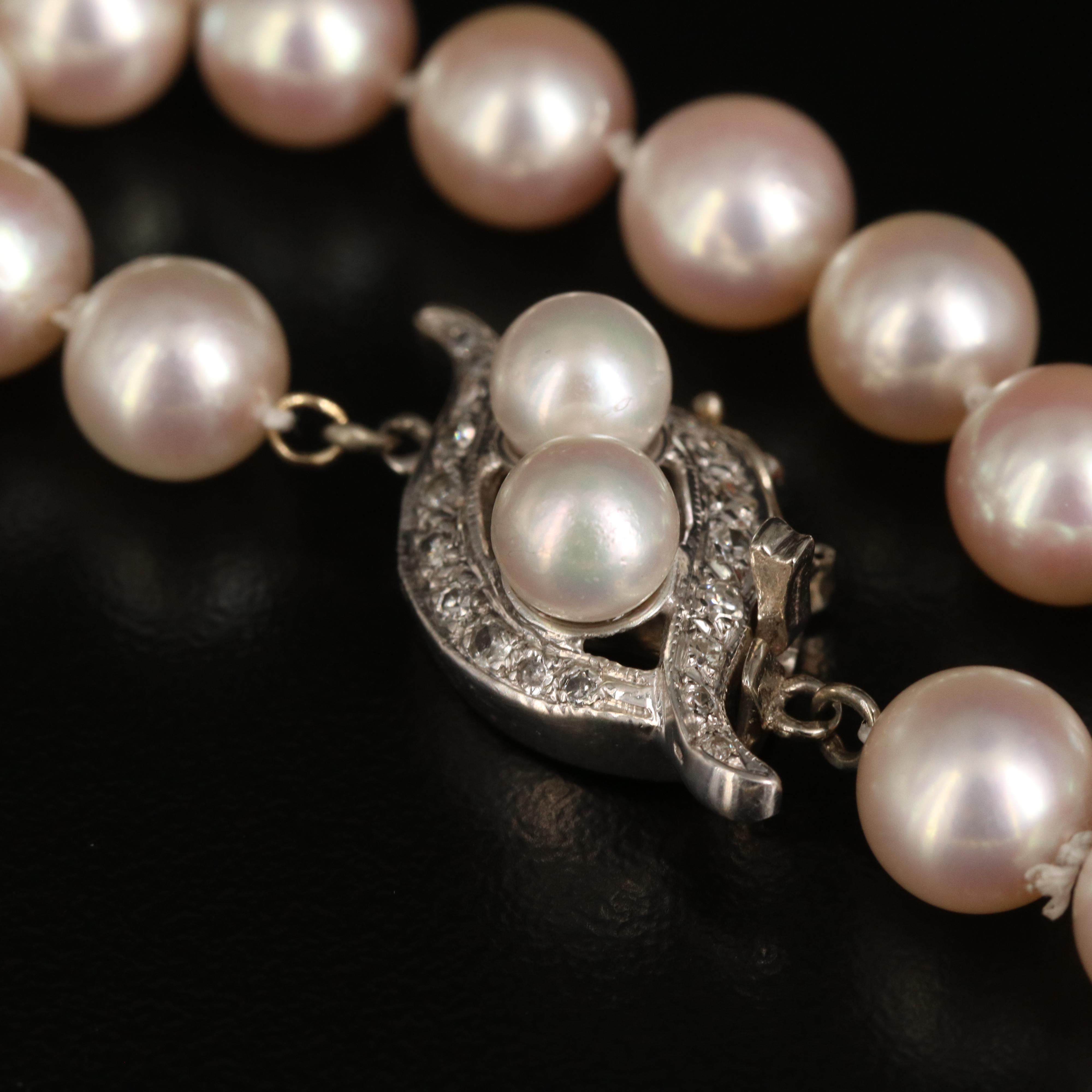 Vintage Pearl Necklace with 14K, Diamond Accented Clasp