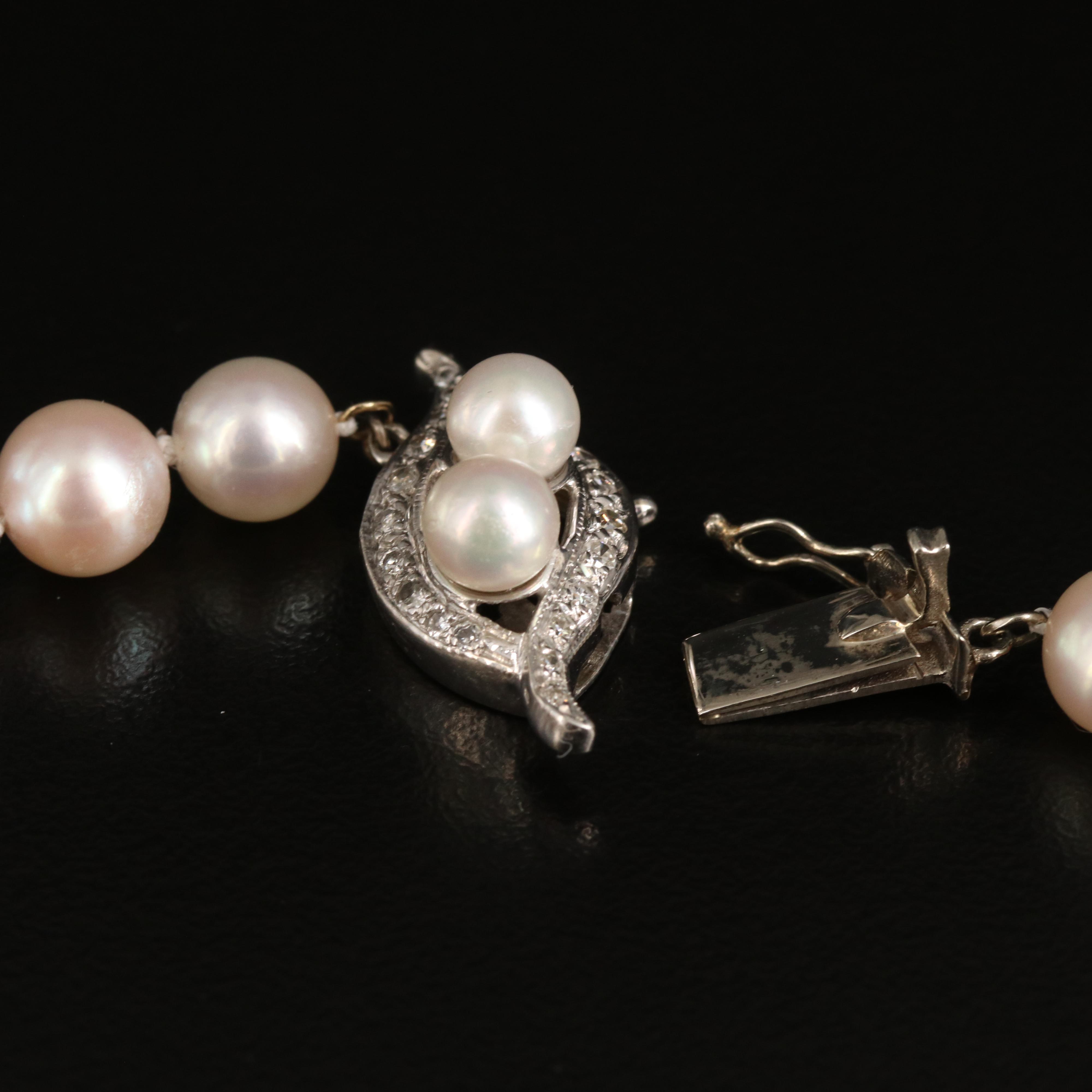 Vintage Pearl Necklace with 14K, Diamond Accented Clasp